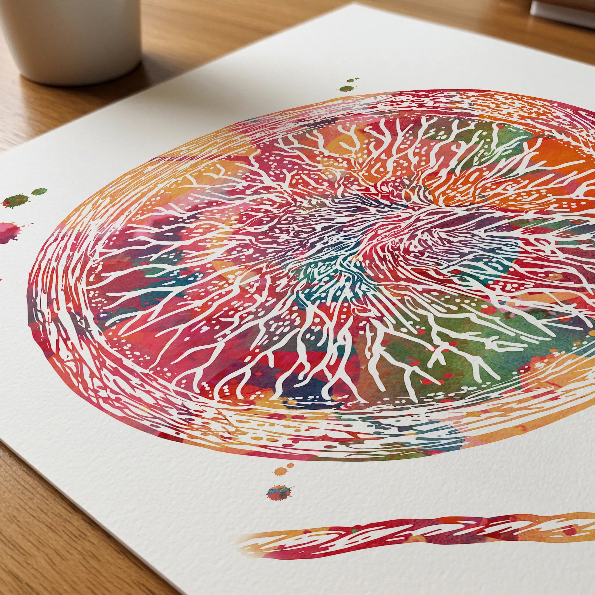 Close-up of placenta anatomy watercolor print showing paper texture and grain