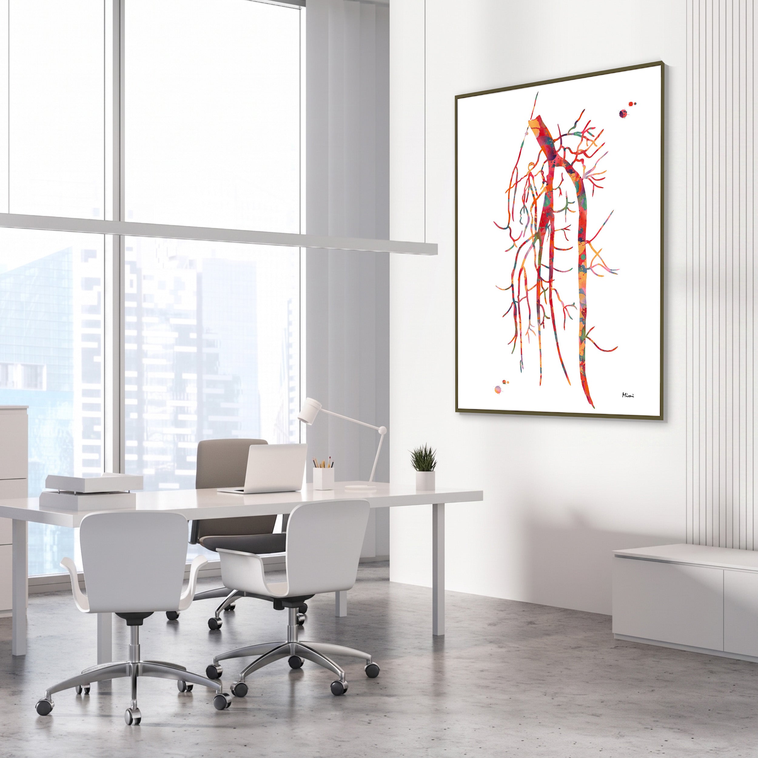 Framed popliteal artery angiogram watercolor print in a vascular clinic