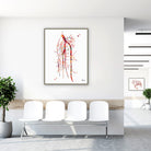 Framed popliteal artery angiogram watercolor print in a clinic waiting room