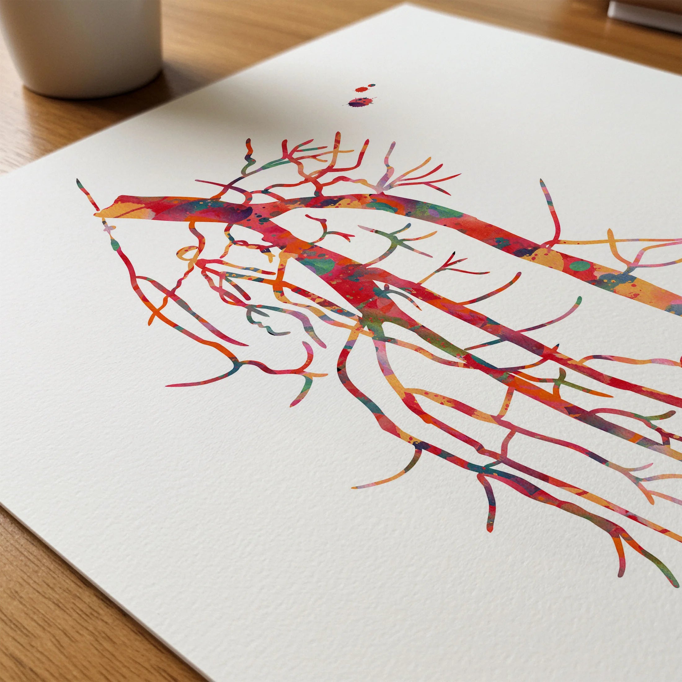 Close-up of popliteal artery angiogram watercolor print showing paper texture and grain