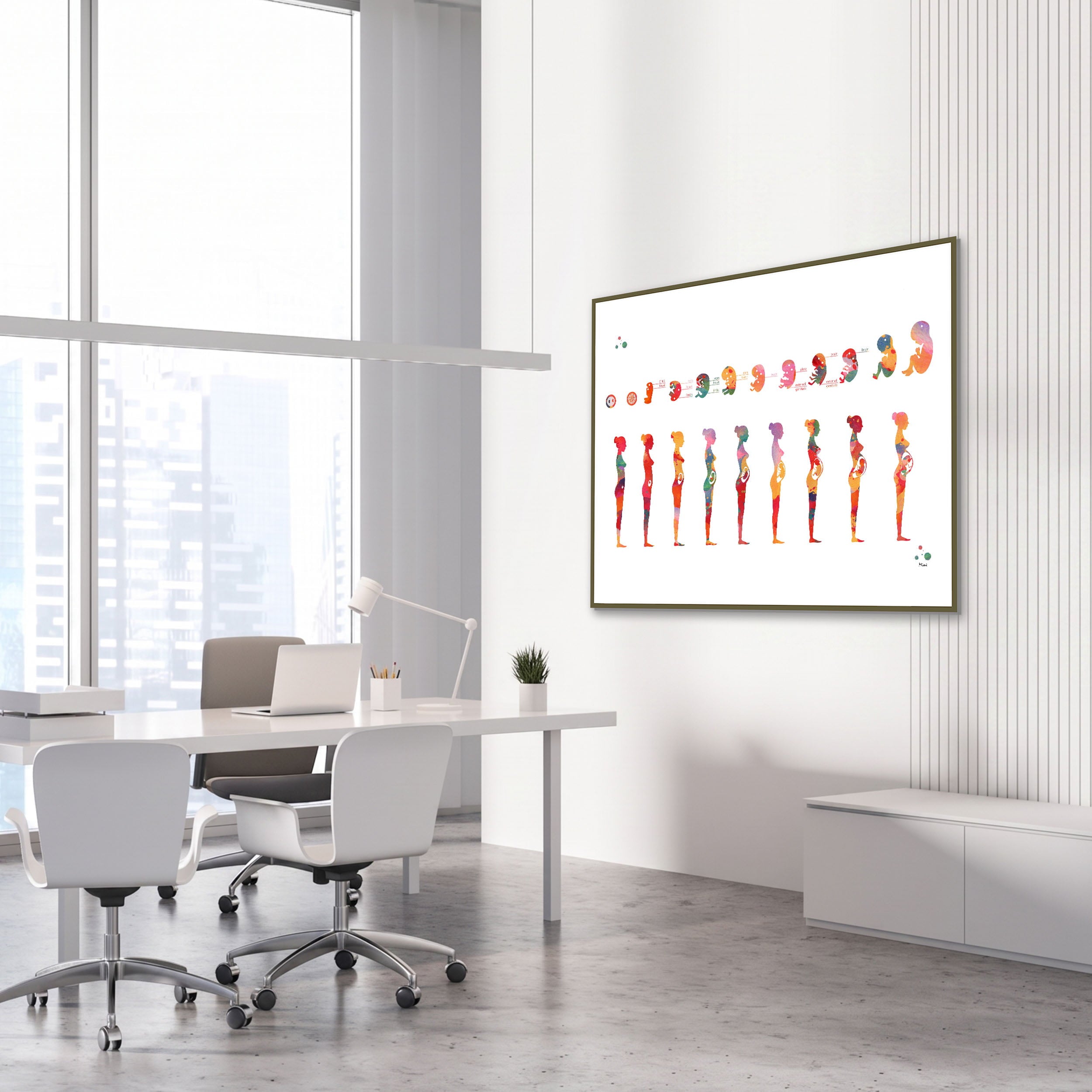 Framed pregnancy phases of fetal development watercolor print in an OB-GYN clinic