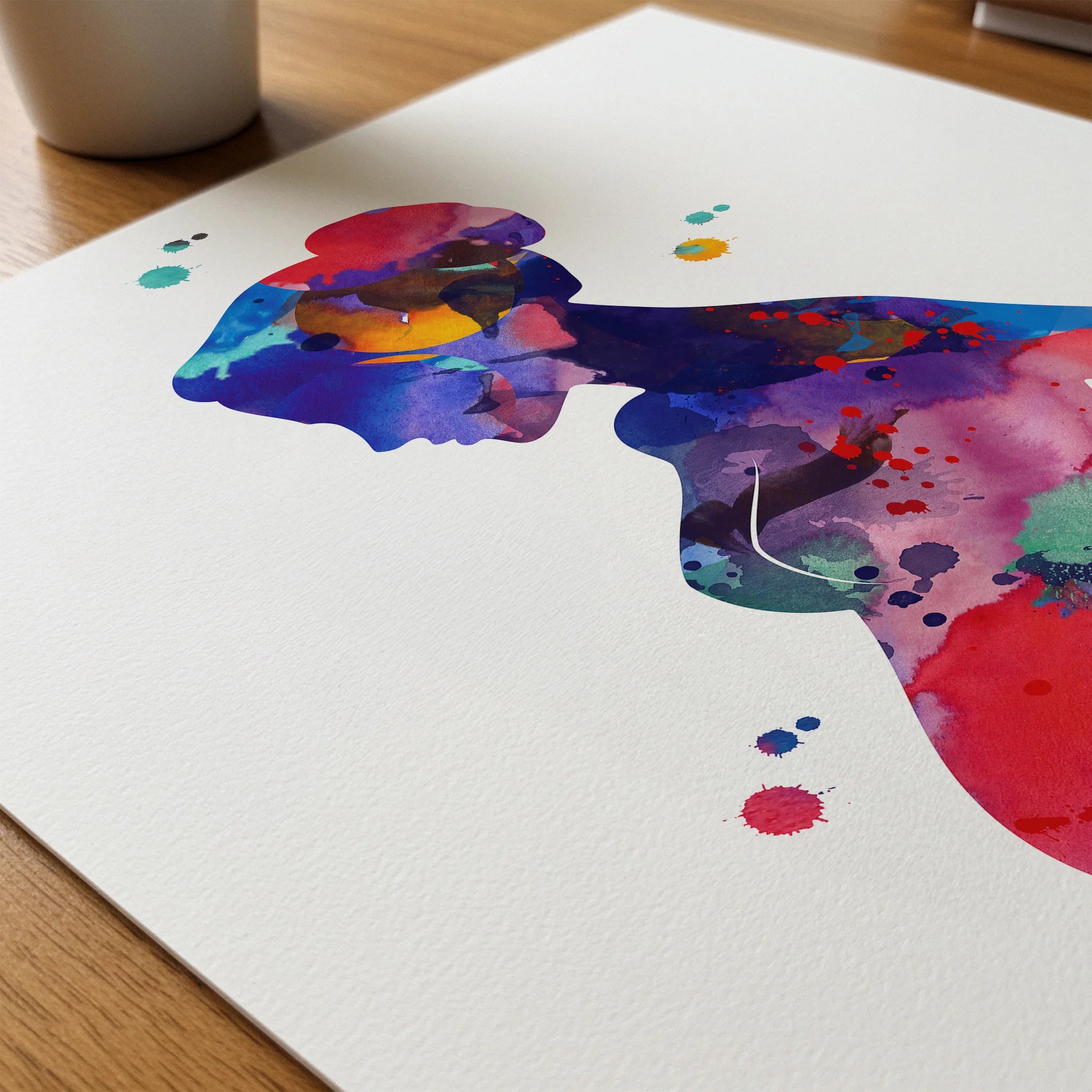 Close-up of pregnant woman motherhood watercolor print showing paper texture and grain