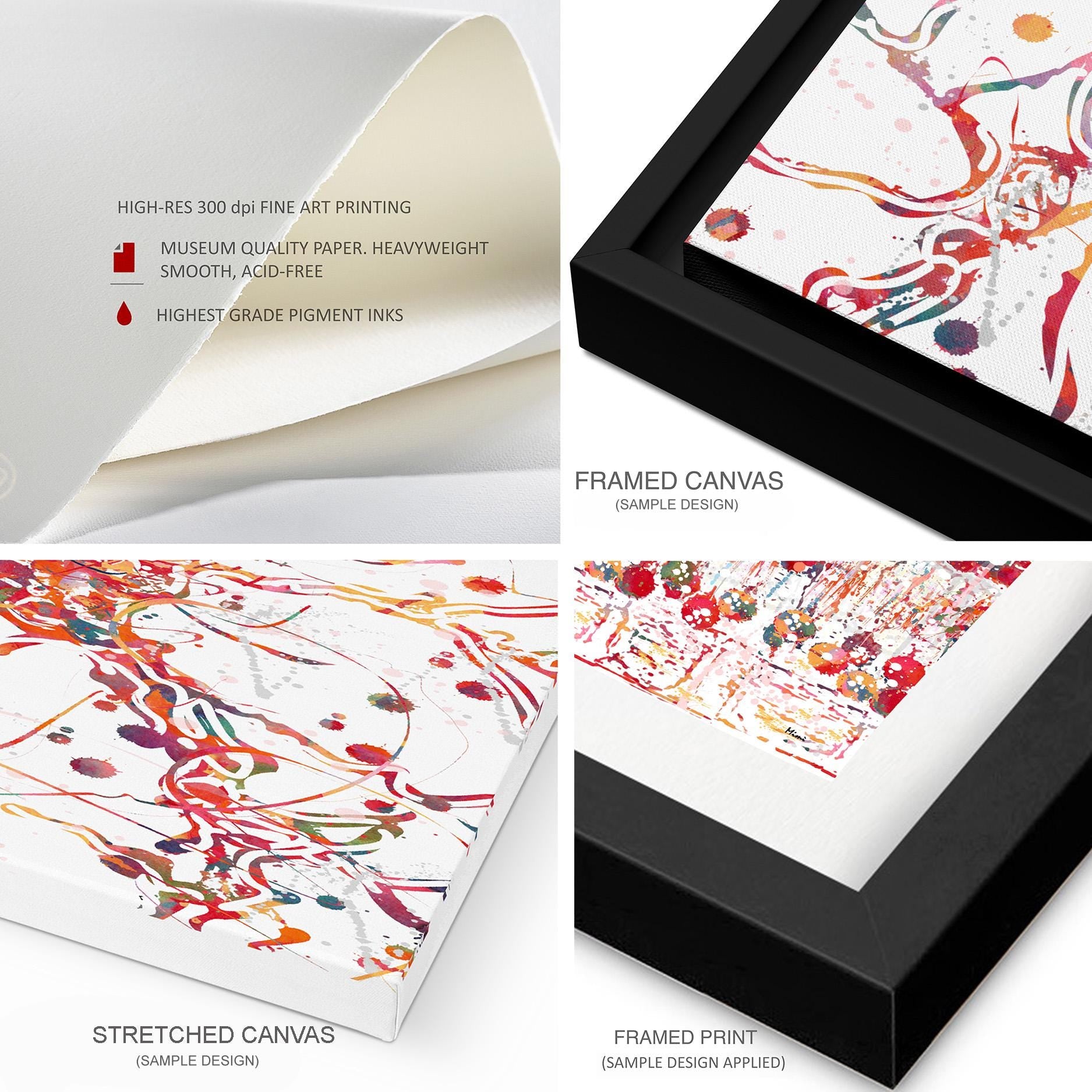 Collage of framed and stretched canvas art with product details.