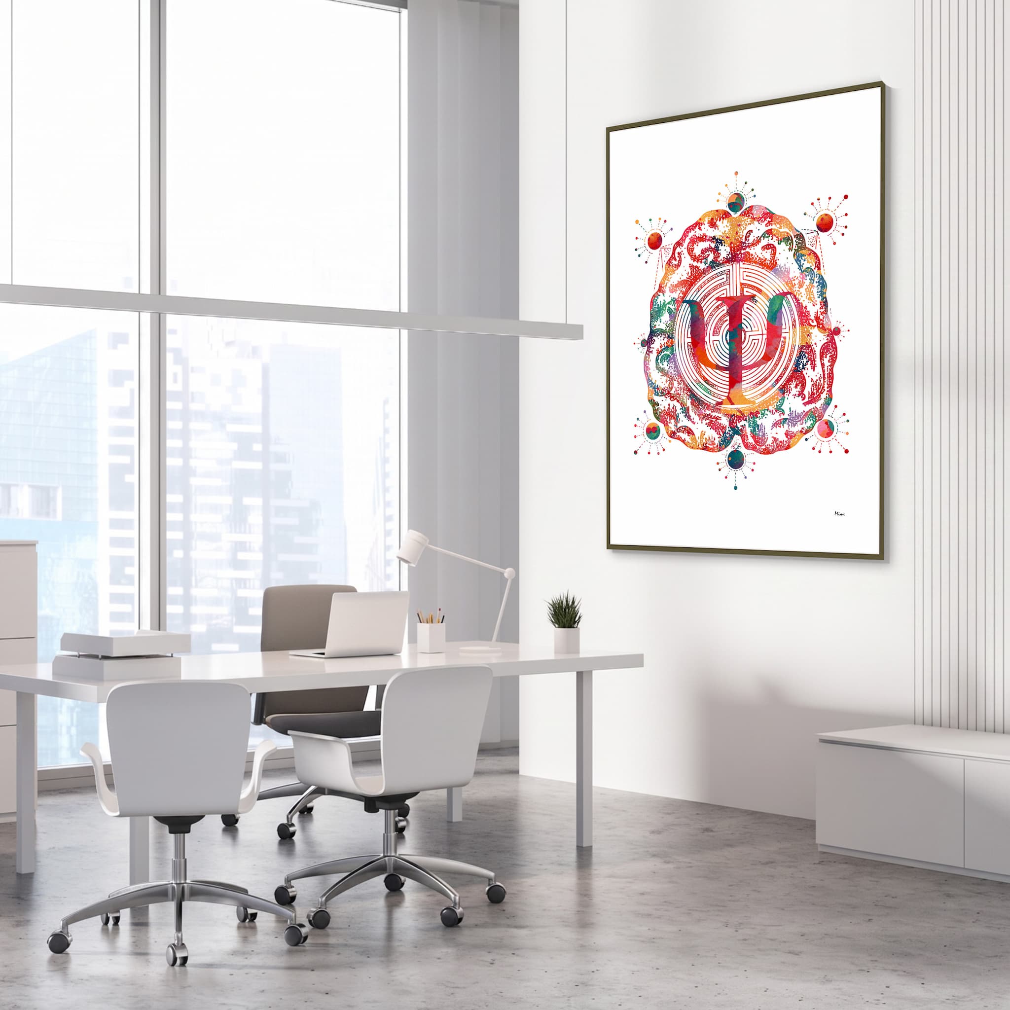 Framed psychology & psychotherapy watercolor print in a clinic