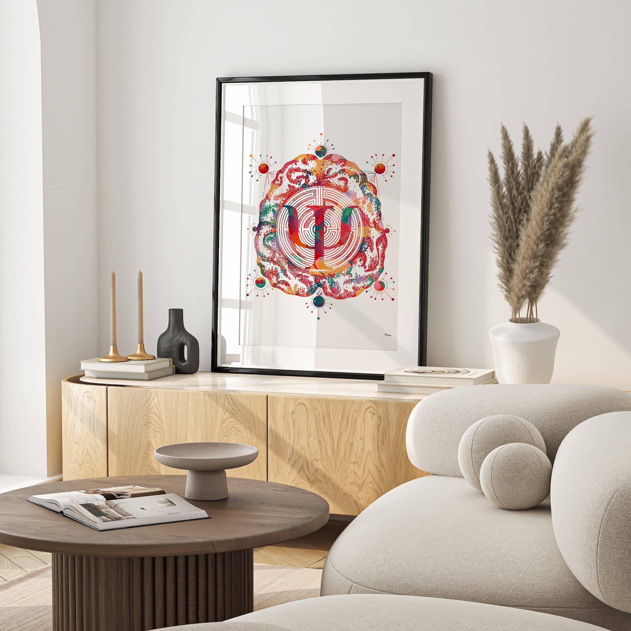 Framed psychology & psychotherapy watercolor print in a warm living room