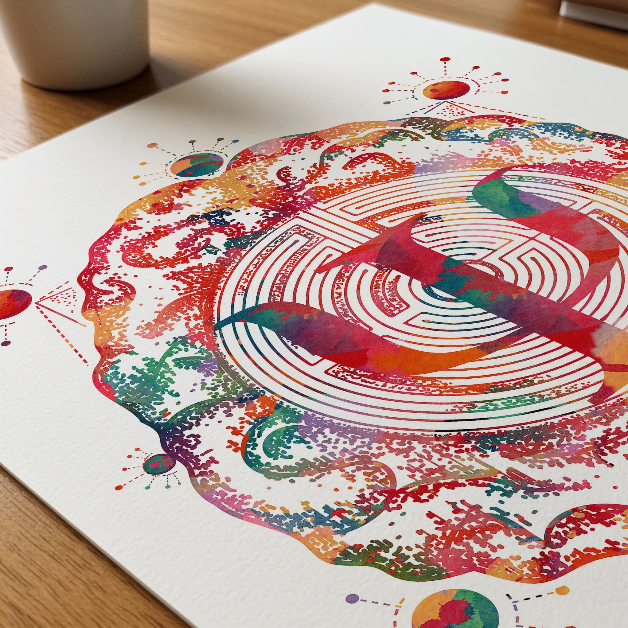 Close-up of psychology & psychotherapy watercolor print showing paper texture and grain