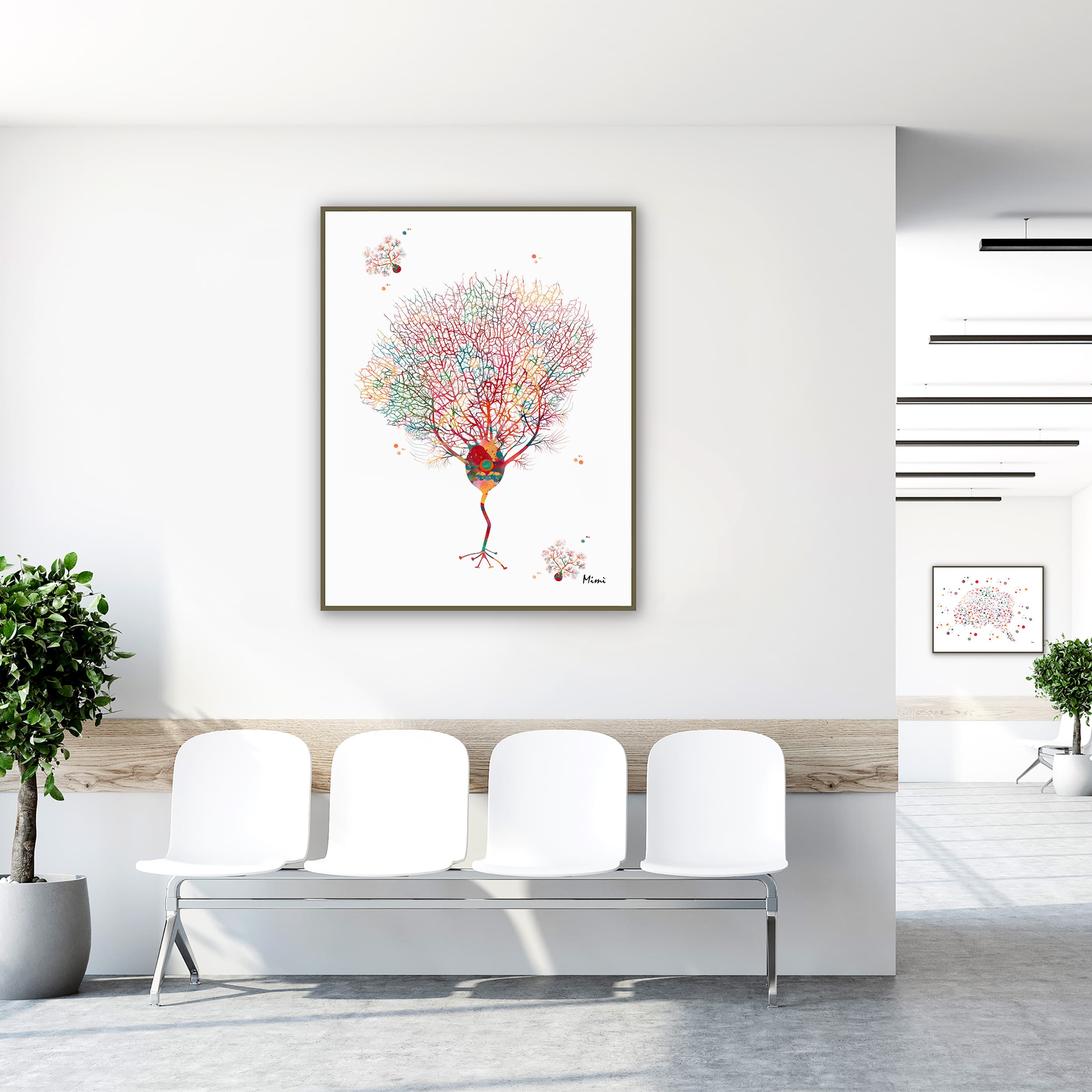 Framed purkinje neuron watercolor print in a clinic waiting room