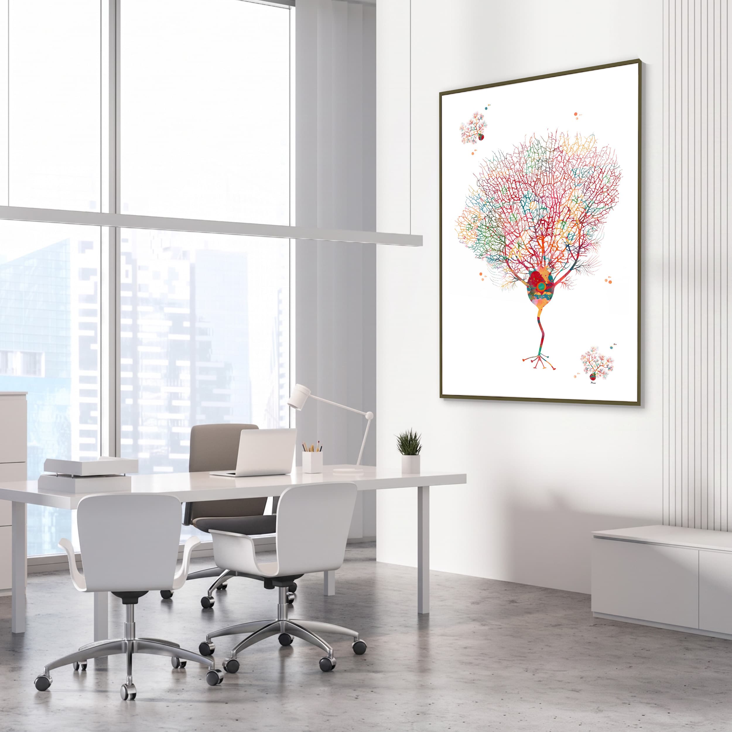 Framed purkinje neuron watercolor print in a neurology clinic