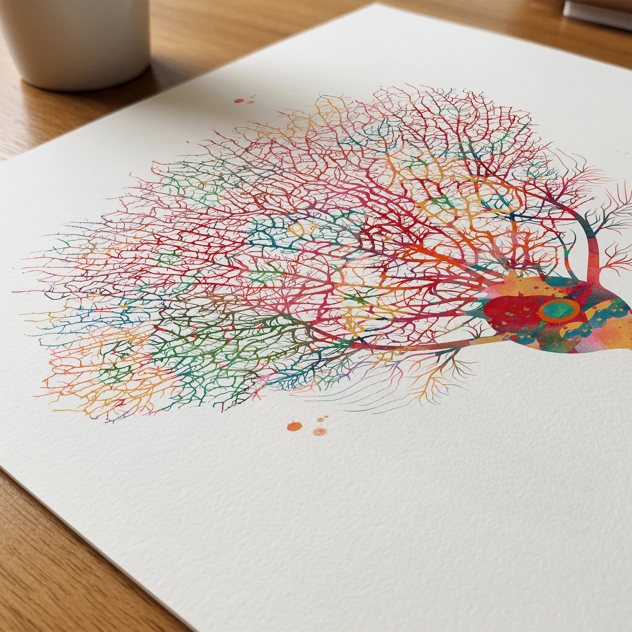 Close-up of purkinje neuron watercolor print showing paper texture and grain
