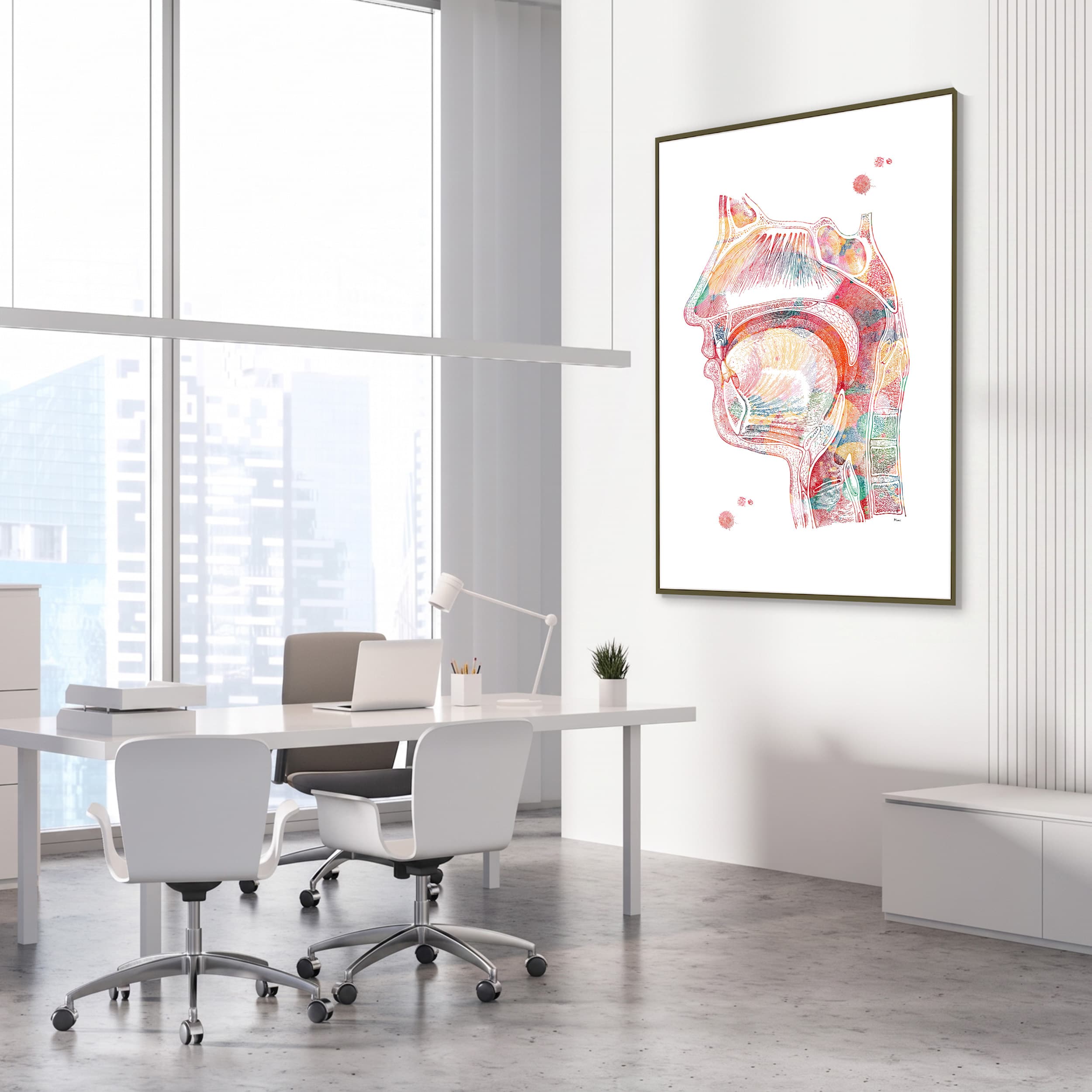 Framed respiratory system watercolor print in an ENT clinic