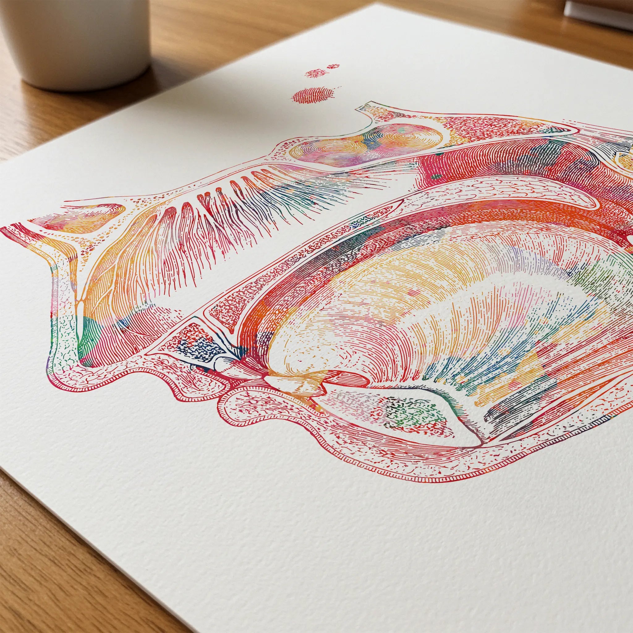 Close-up of respiratory system watercolor print showing paper texture and grain