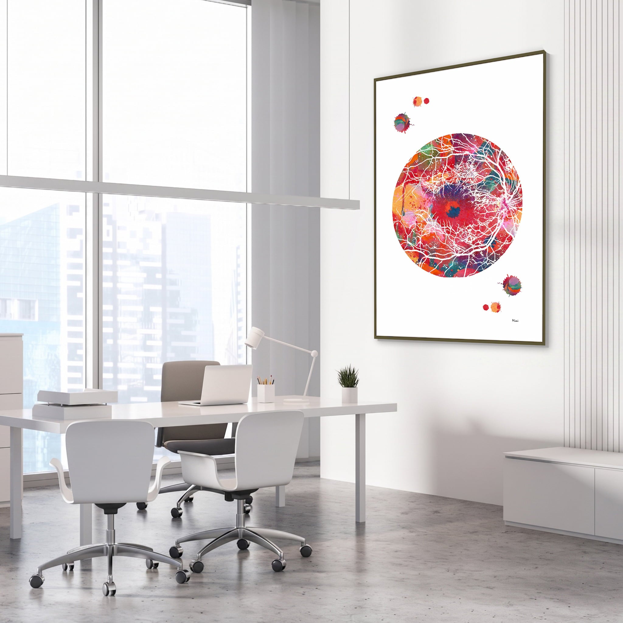 Framed retina & optic disc watercolor print in an ophthalmology clinic