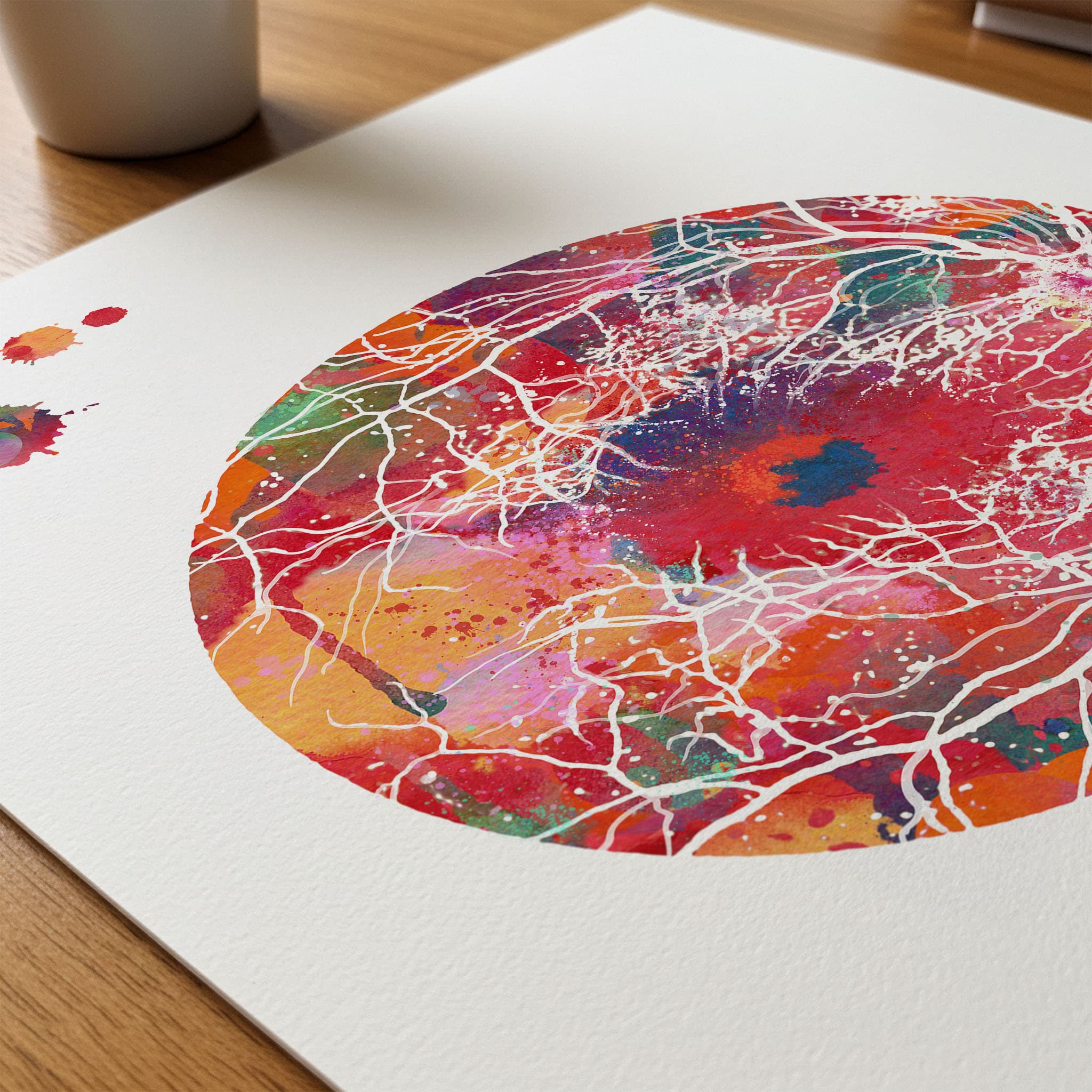 Close-up of retina & optic disc watercolor print showing paper texture and grain