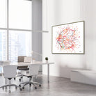 Framed retinal angiogram watercolor print in an ophthalmology clinic