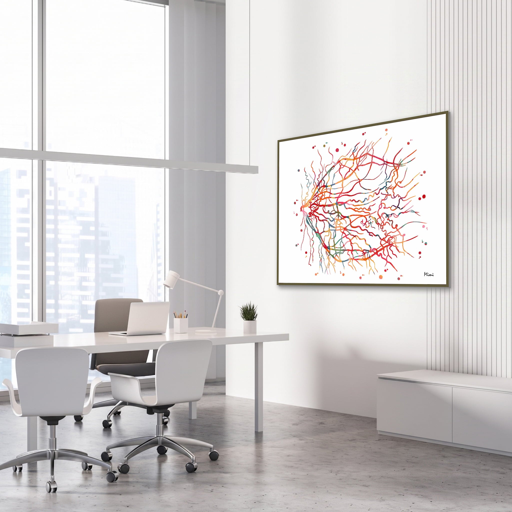 Framed retinal angiogram watercolor print in an ophthalmology clinic