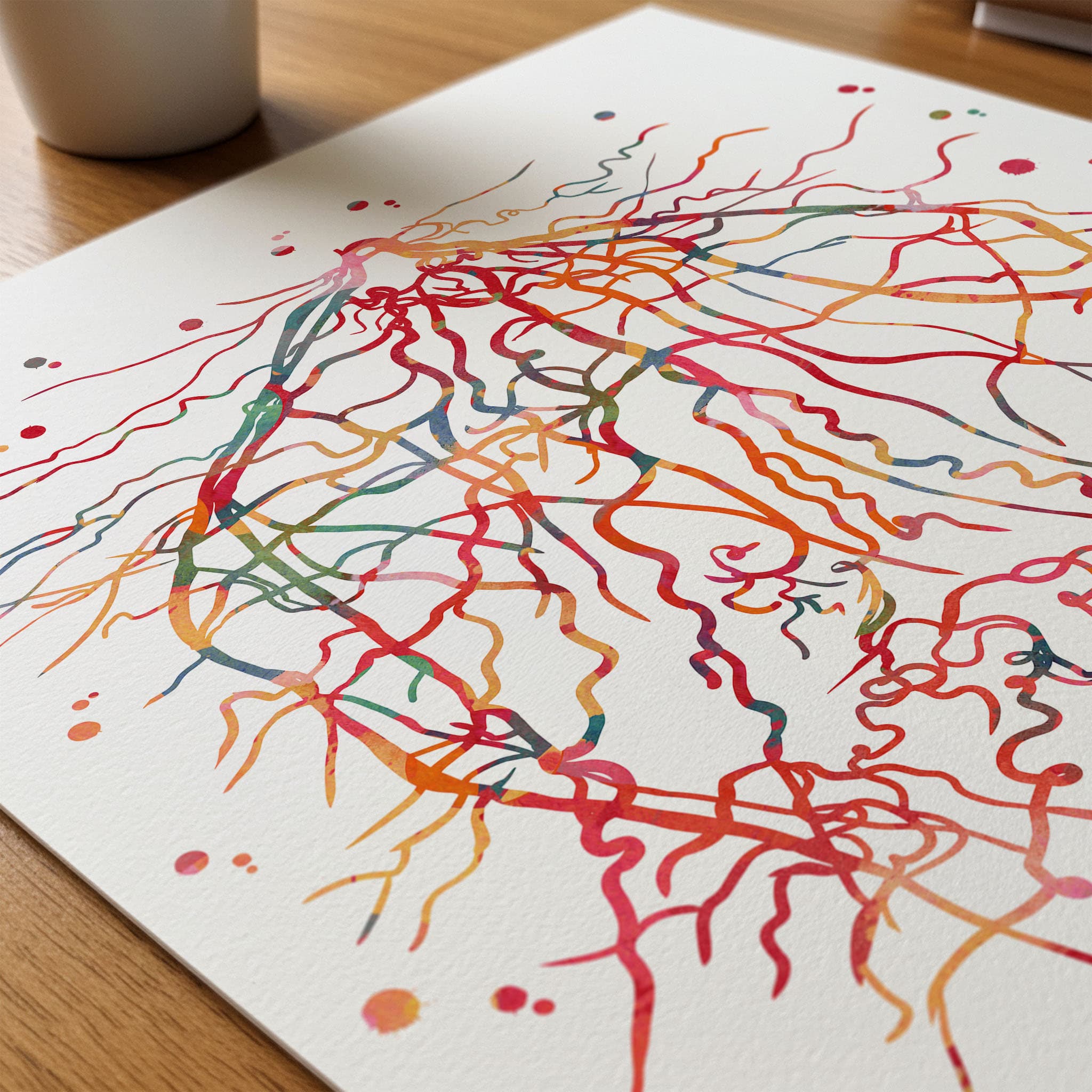 Close-up of retinal angiogram watercolor print showing paper texture and grain