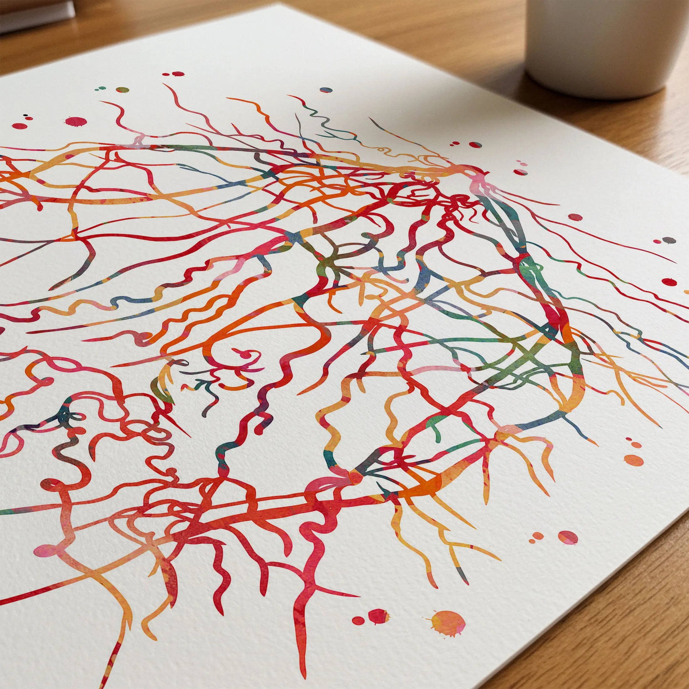 Close-up of retinal angiogram watercolor print showing paper texture and grain