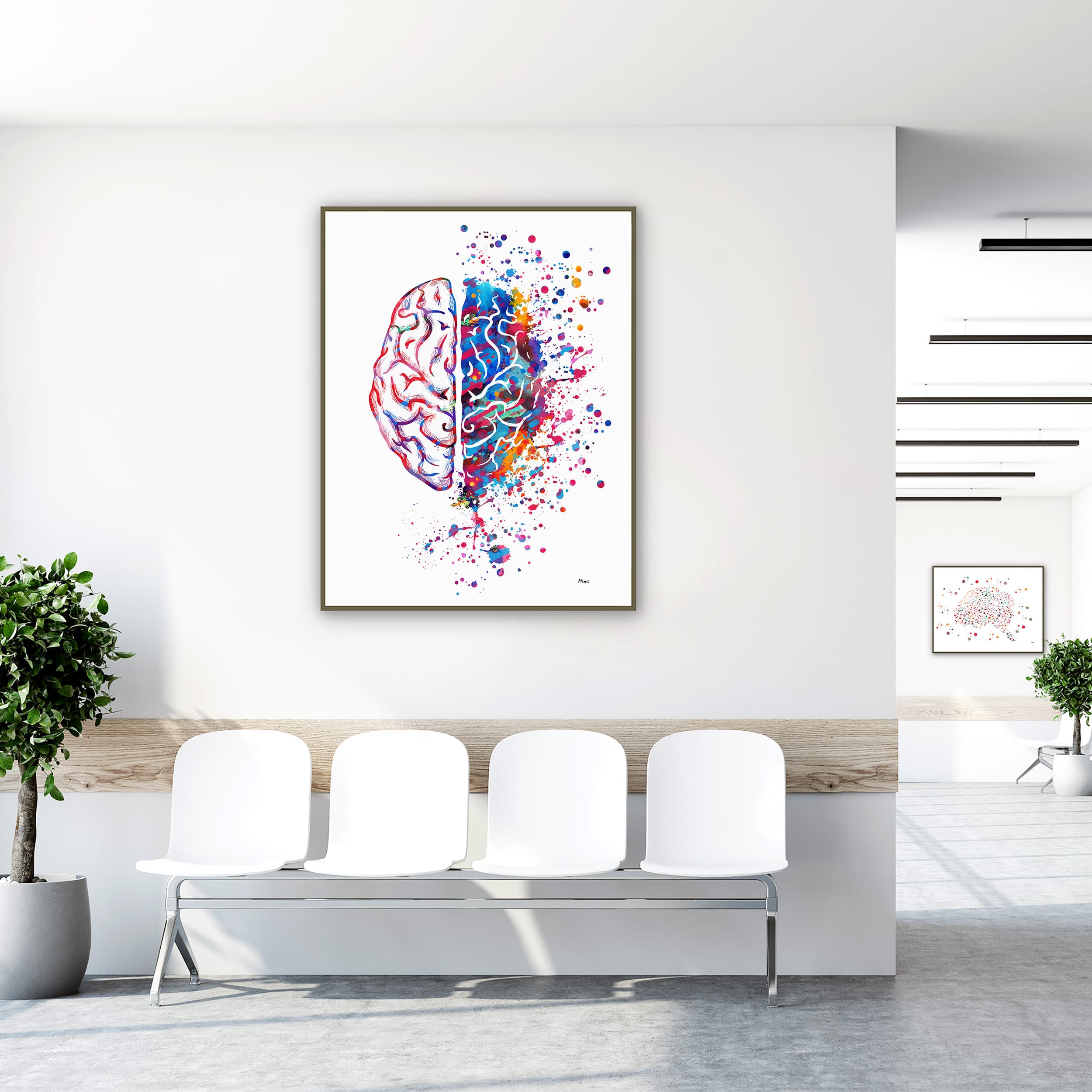Framed right brain left brain watercolor print in a clinic waiting room