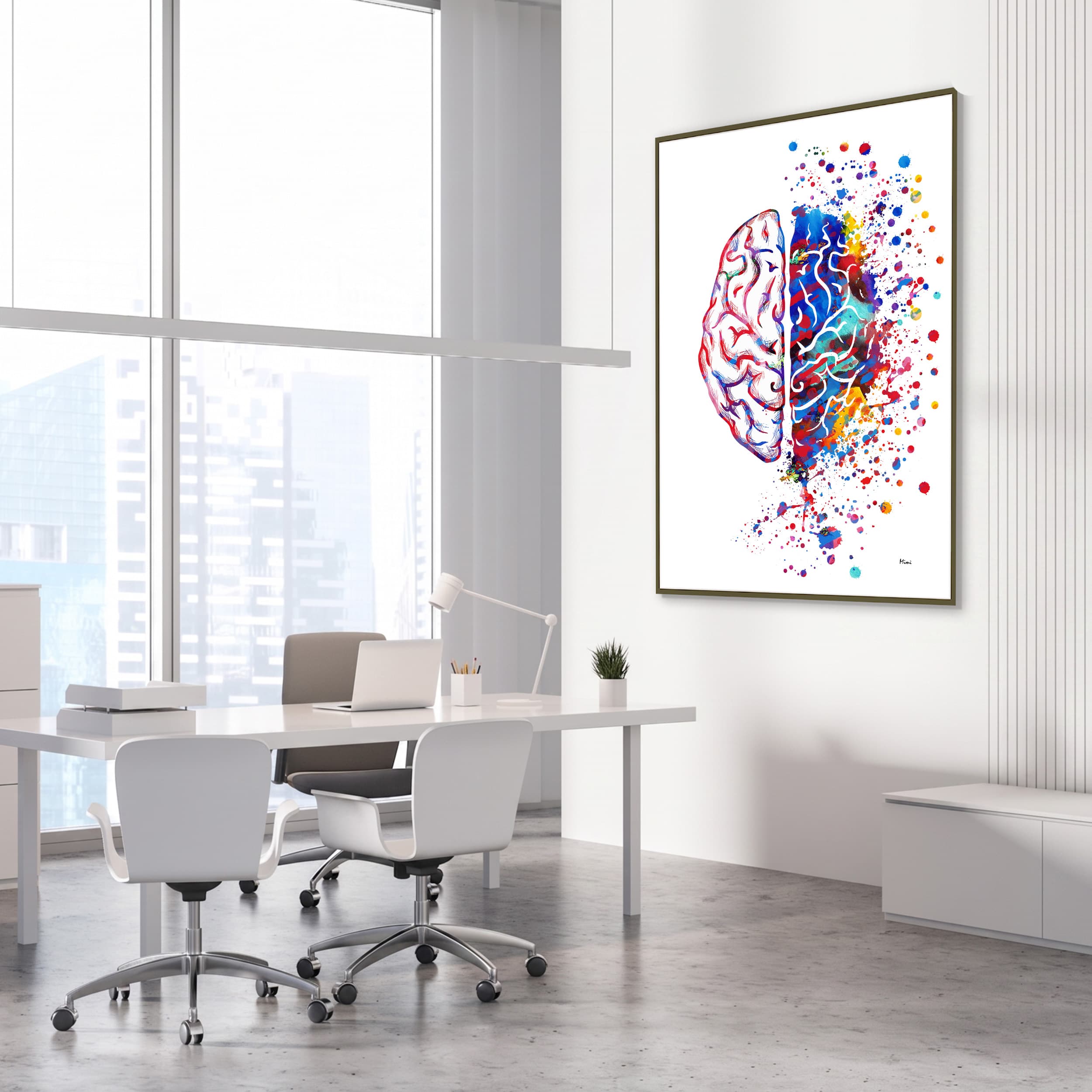 Framed right brain left brain watercolor print in a neurology clinic