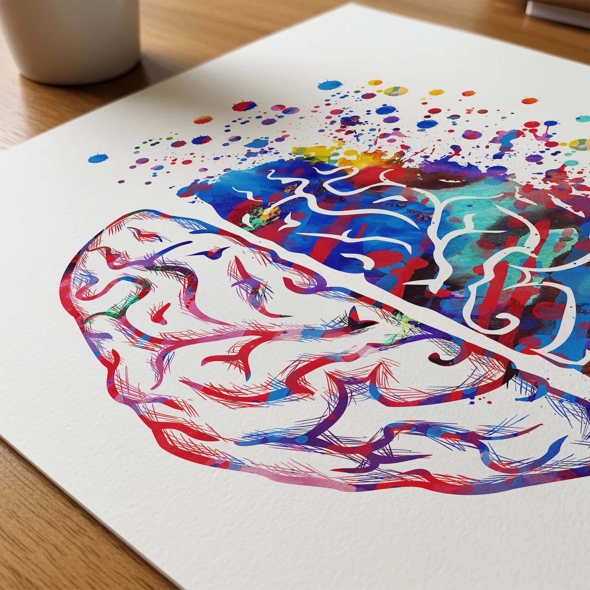 Close-up of right brain left brain watercolor print showing paper texture and grain