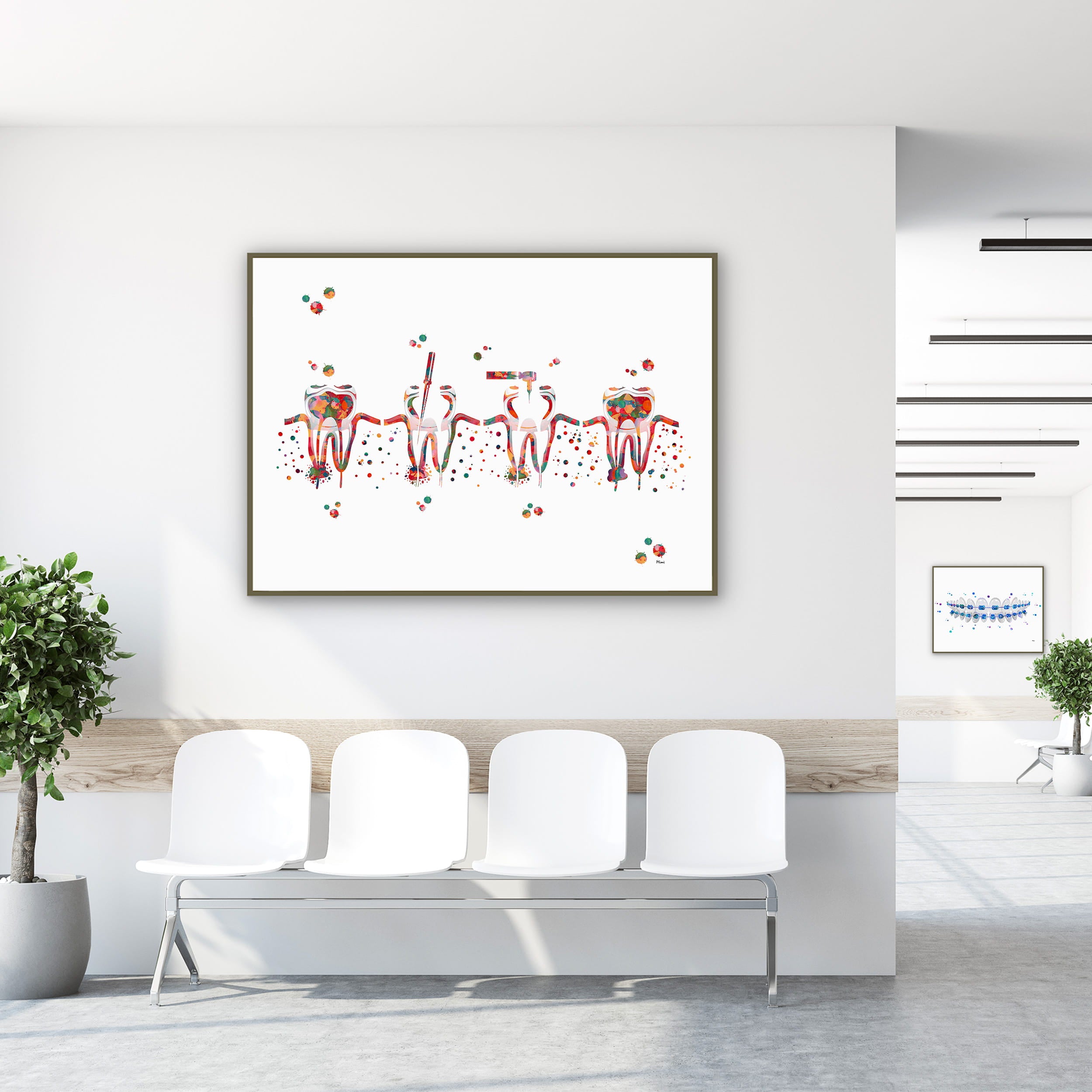 Framed root canal procedure watercolor print in a clinic waiting room