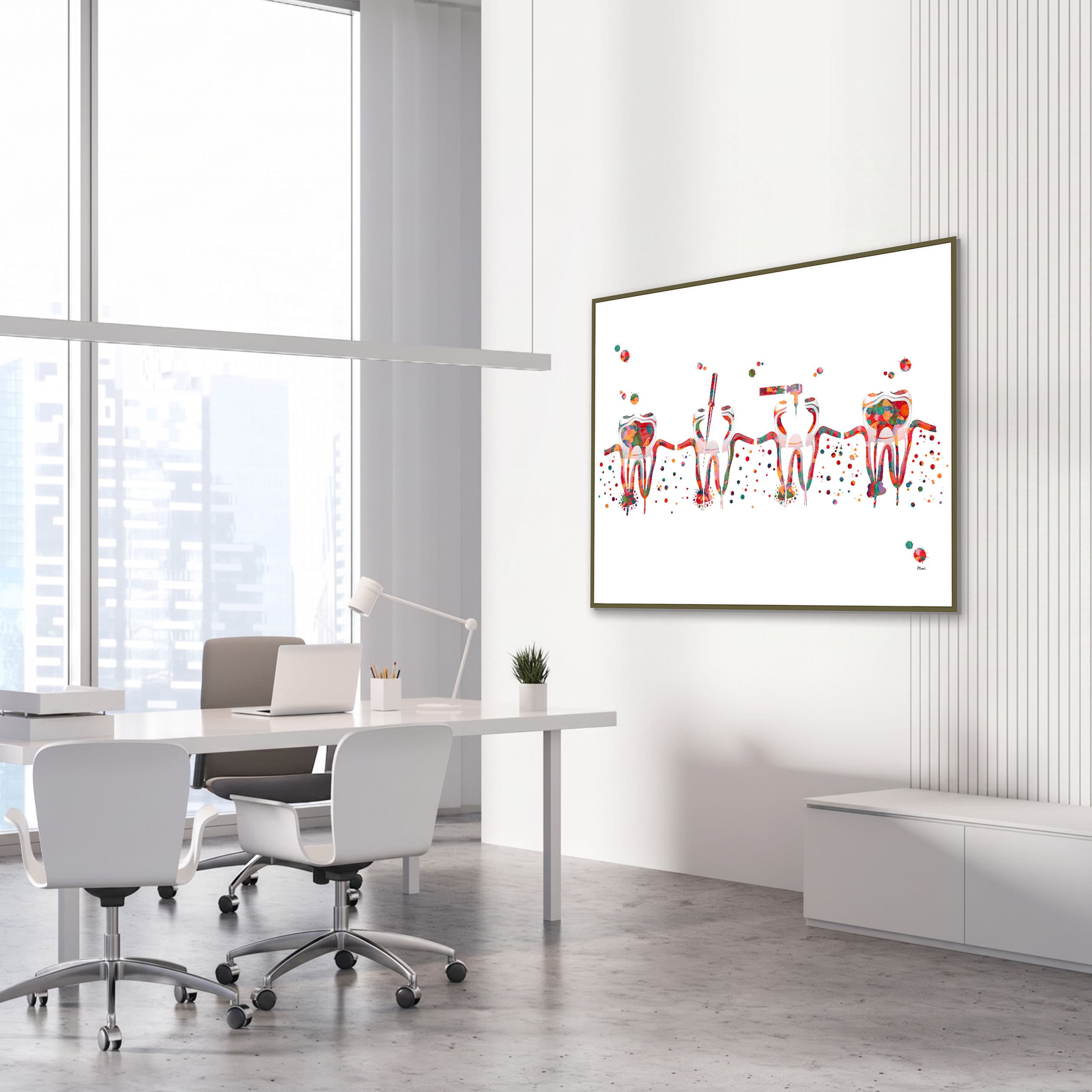 Framed root canal procedure watercolor print in a dental clinic