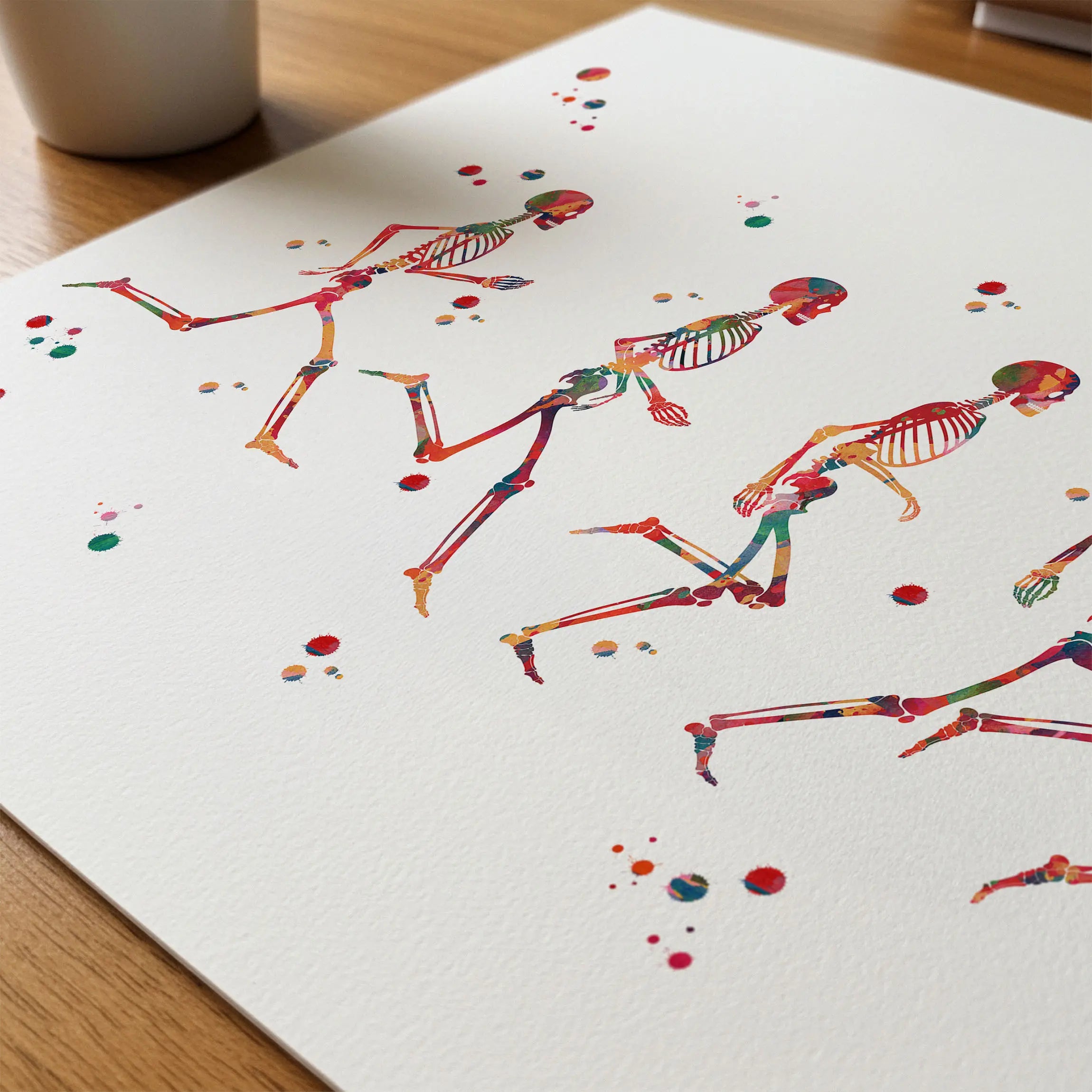 Close-up of running phases anatomy watercolor print showing paper texture and grain