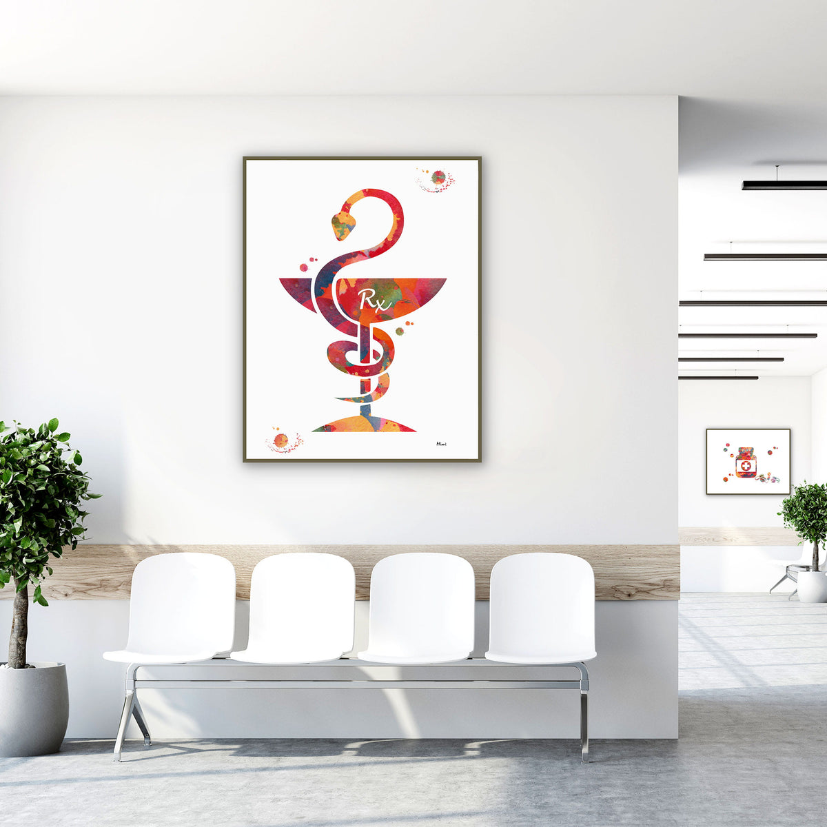 rx caduceus watercolor print hanging in a clinic waiting room