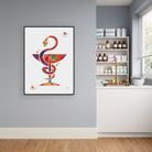 rx caduceus watercolor print hanging in a pharmacy