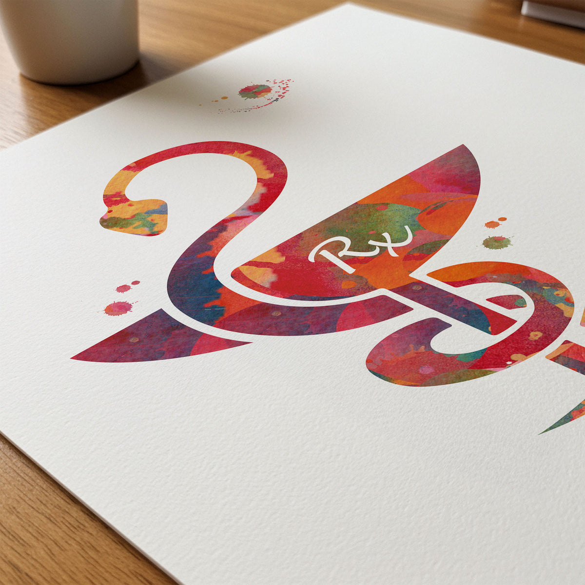 Close-up of rx caduceus watercolor print showing paper texture and grain