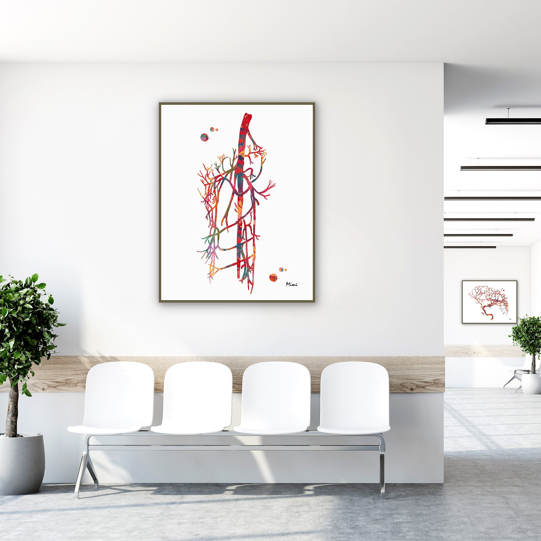 Framed saphenous vein & external iliac femoral artery anatomy watercolor print in a clinic waiting room