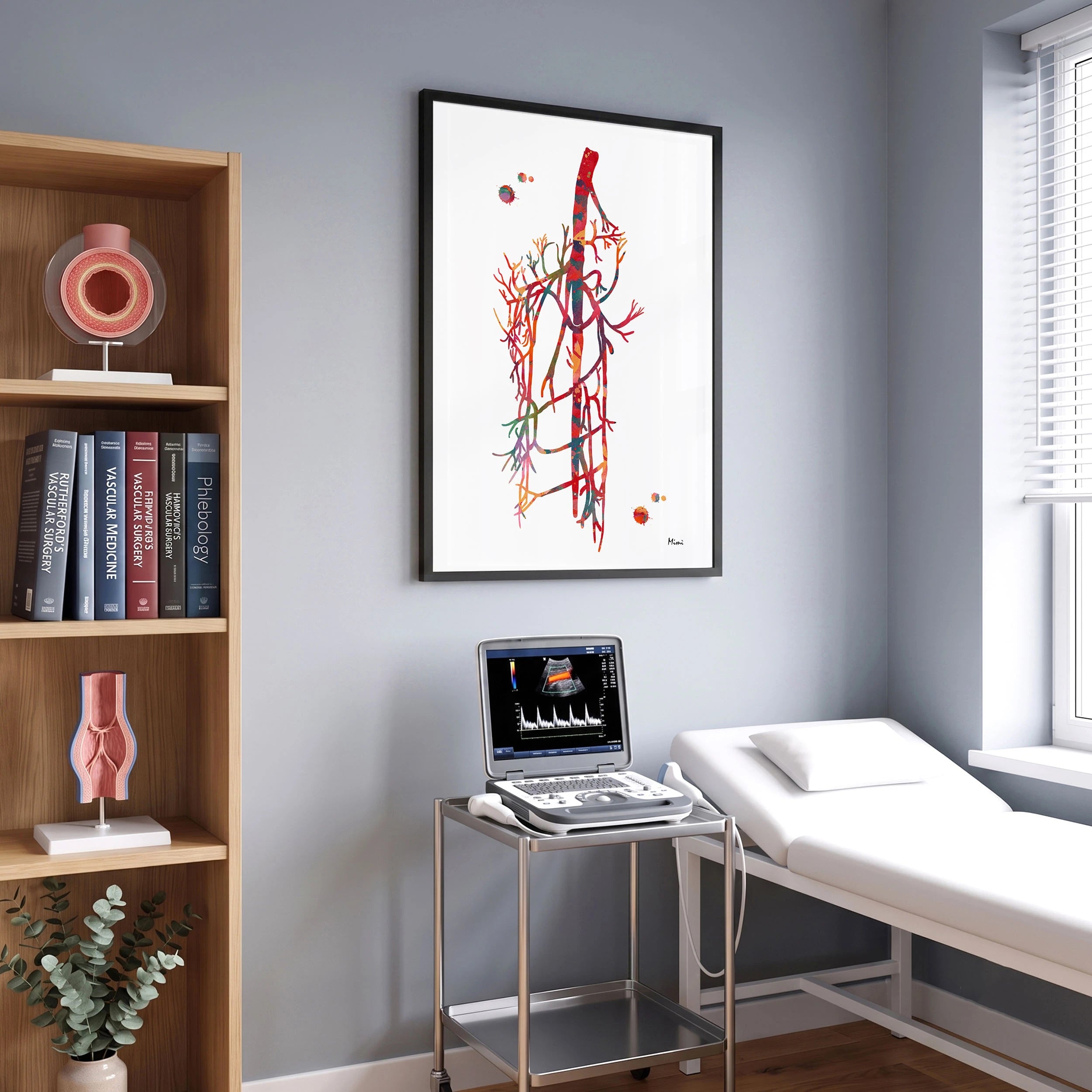 Framed saphenous vein & external iliac femoral artery anatomy watercolor print in a vascular clinic