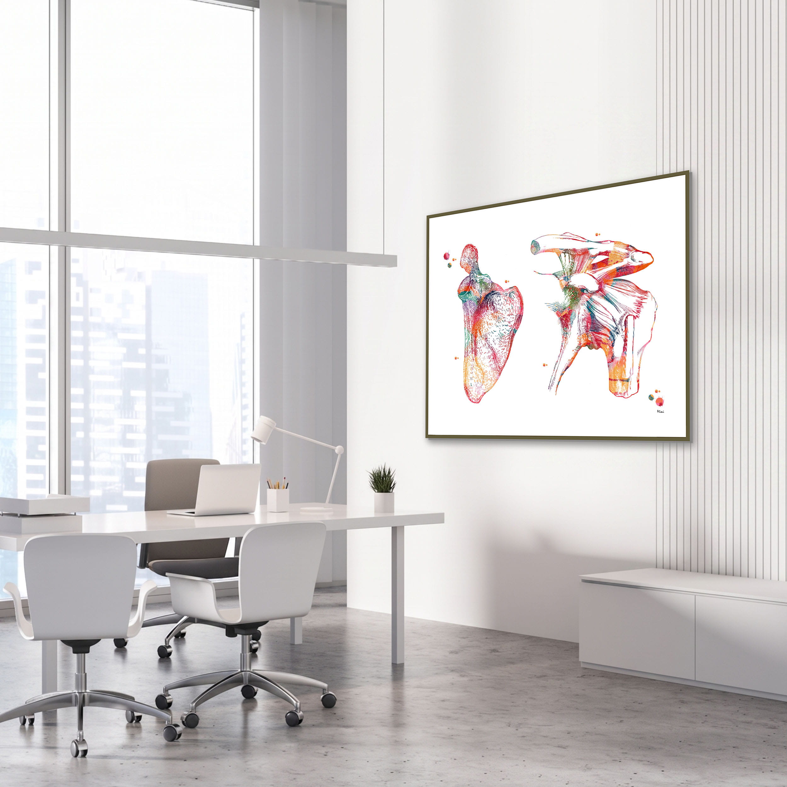 Framed scapula & clavicle watercolor print in an orthopedic clinic