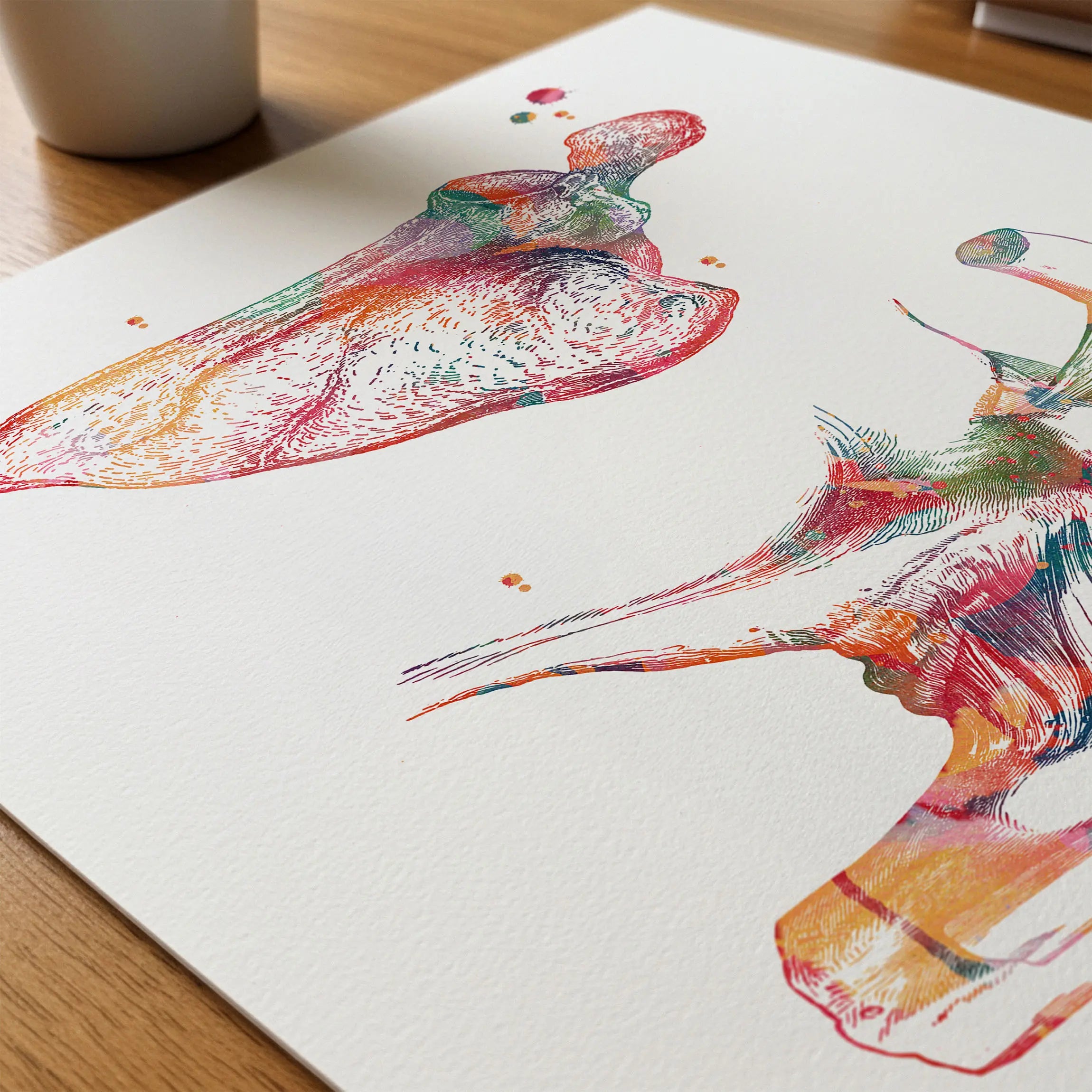 Close-up of scapula & clavicle watercolor print showing paper texture and grain