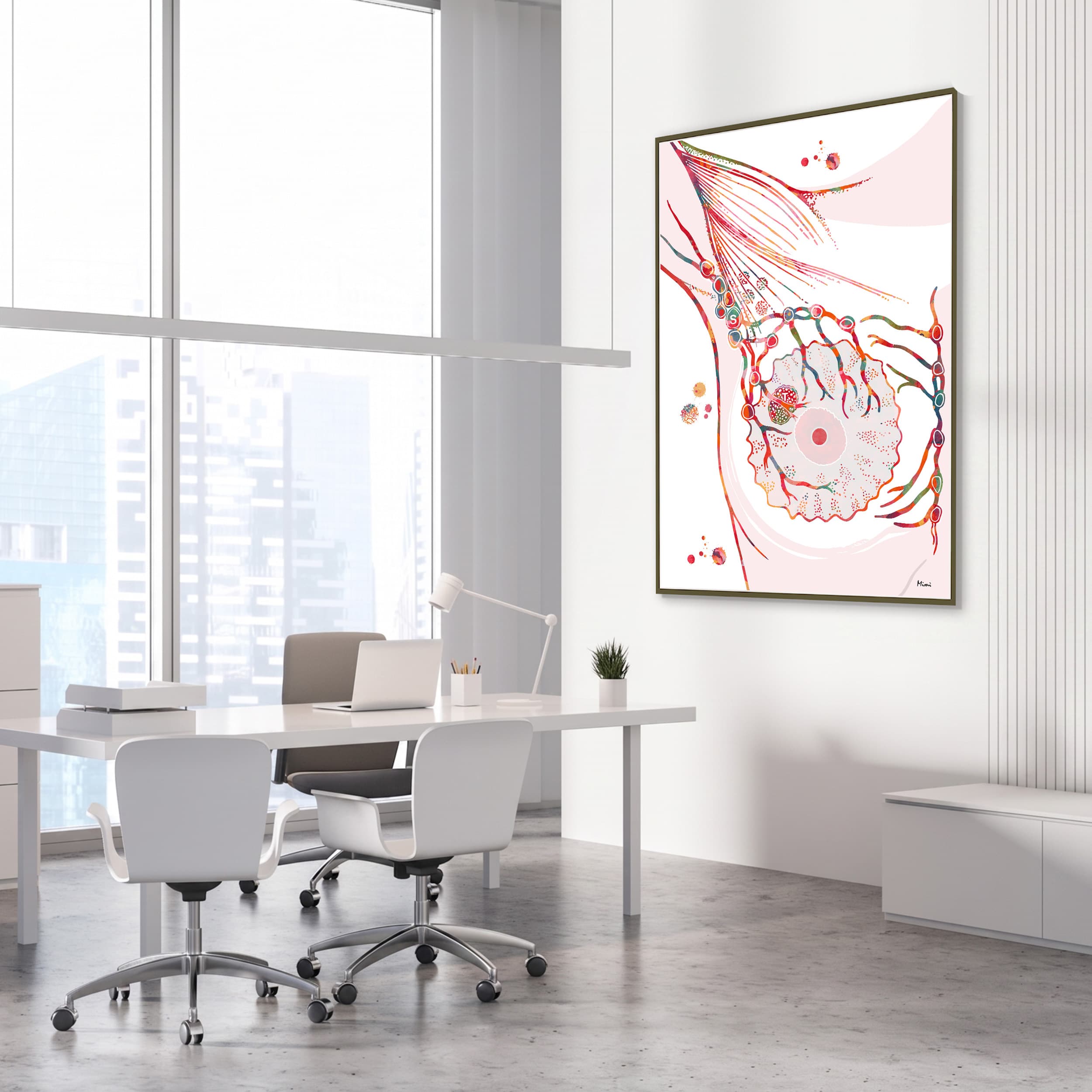 Framed sentinel lymph node watercolor print in an endocrinology clinic