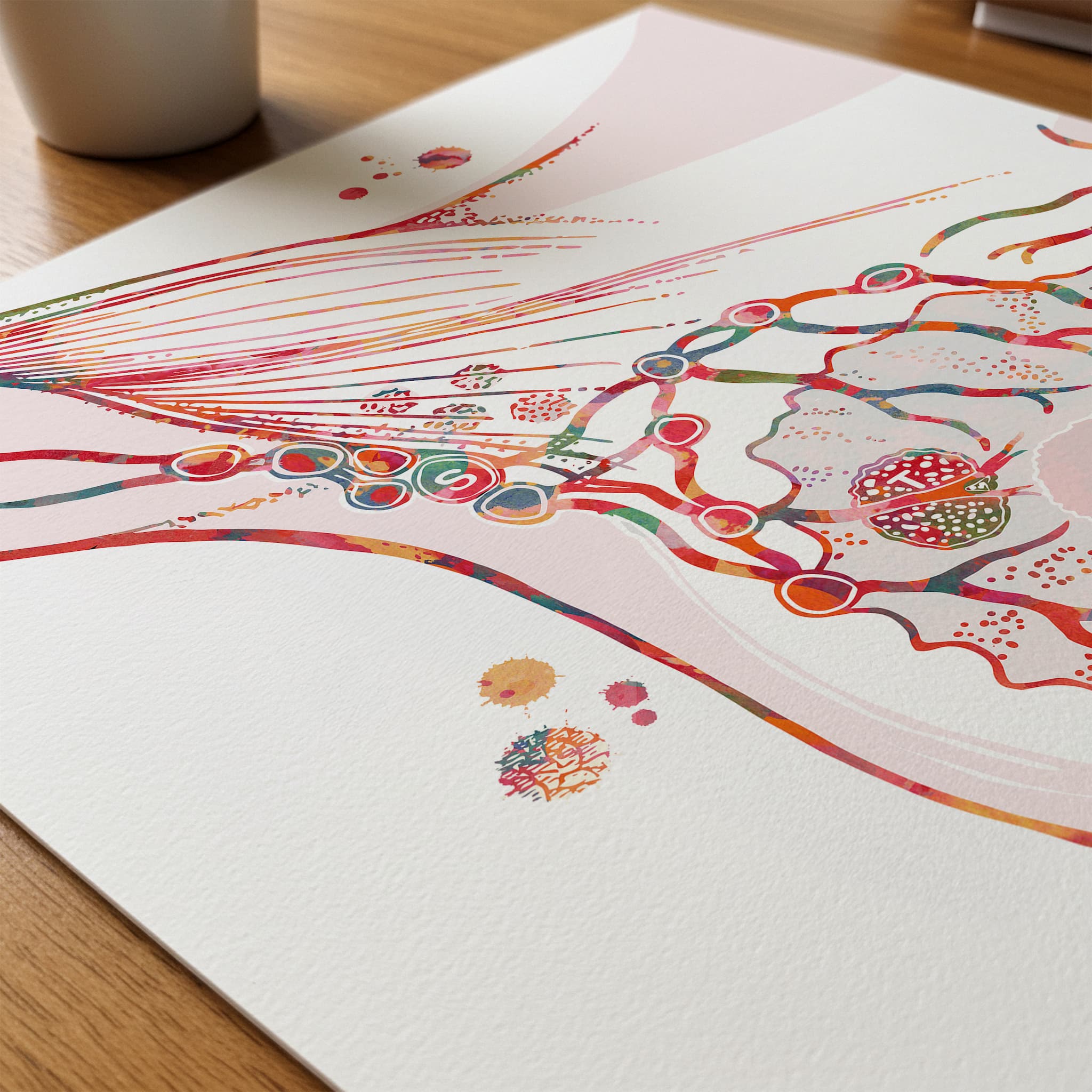 Close-up of sentinel lymph node watercolor print showing paper texture and grain