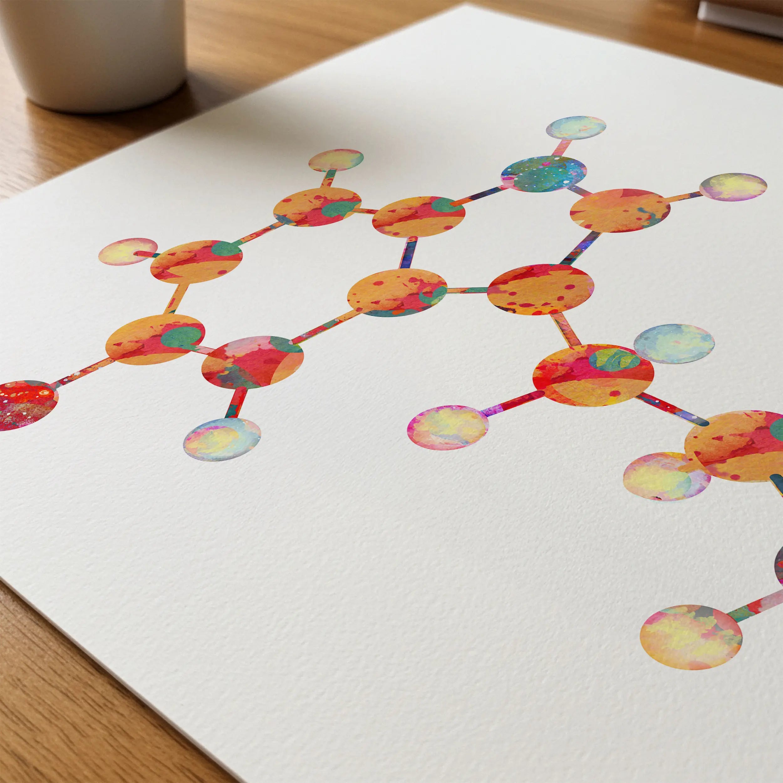 Close-up of serotonin molecular structure watercolor print showing paper texture and grain