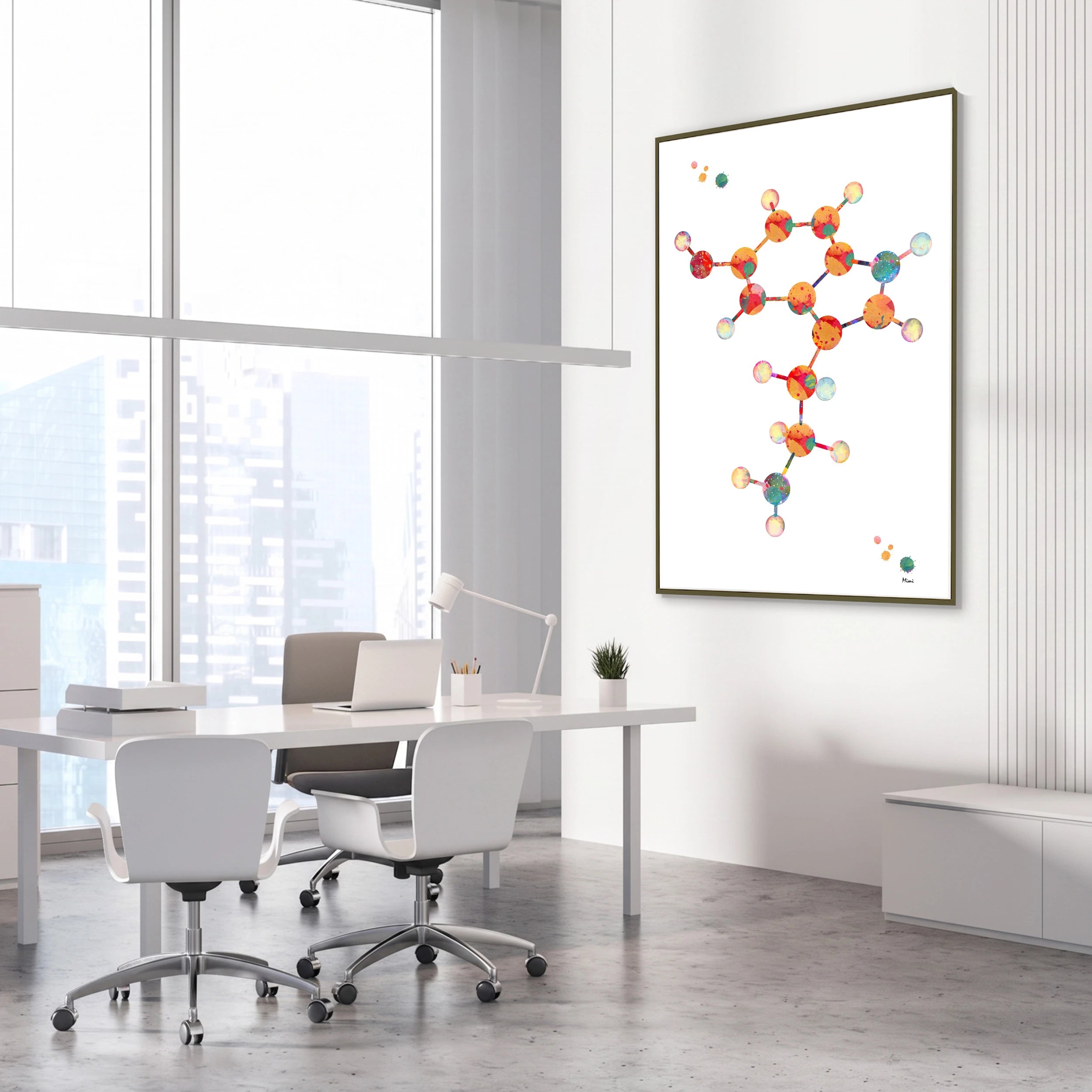 Framed serotonin molecular structure watercolor print in a science laboratory office