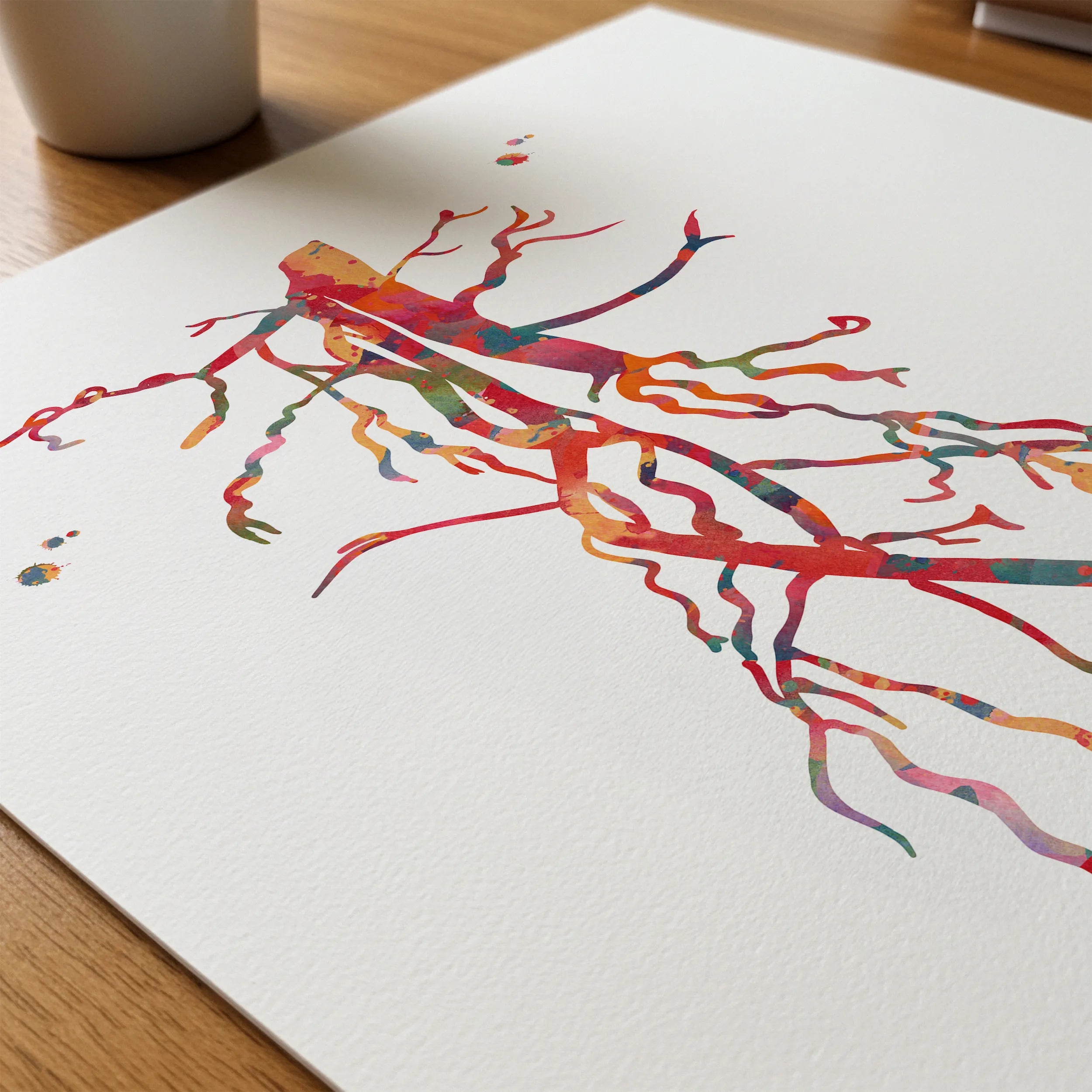 Close-up of superficial femoral artery (SFA) occlusion angiogram watercolor print showing paper texture and grain