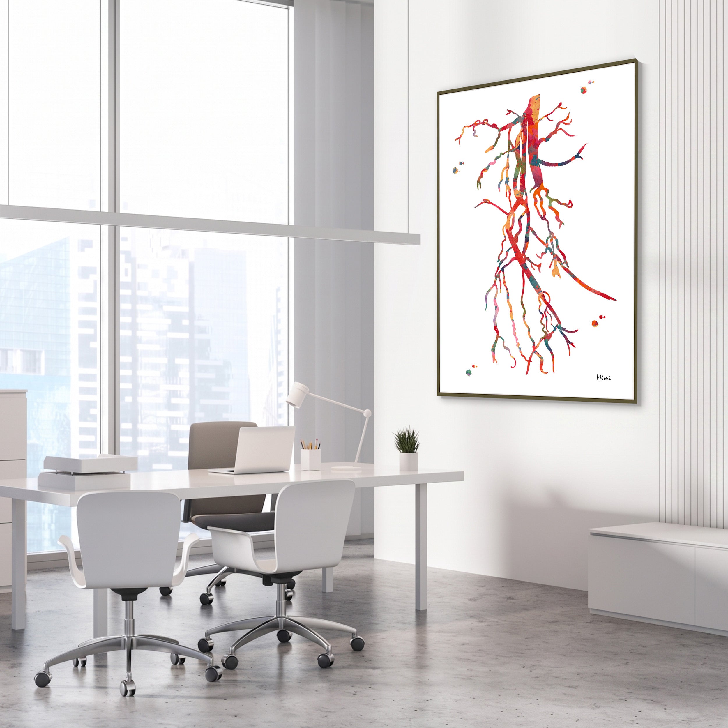 Framed superficial femoral artery (SFA) occlusion angiogram watercolor print in a vascular clinic