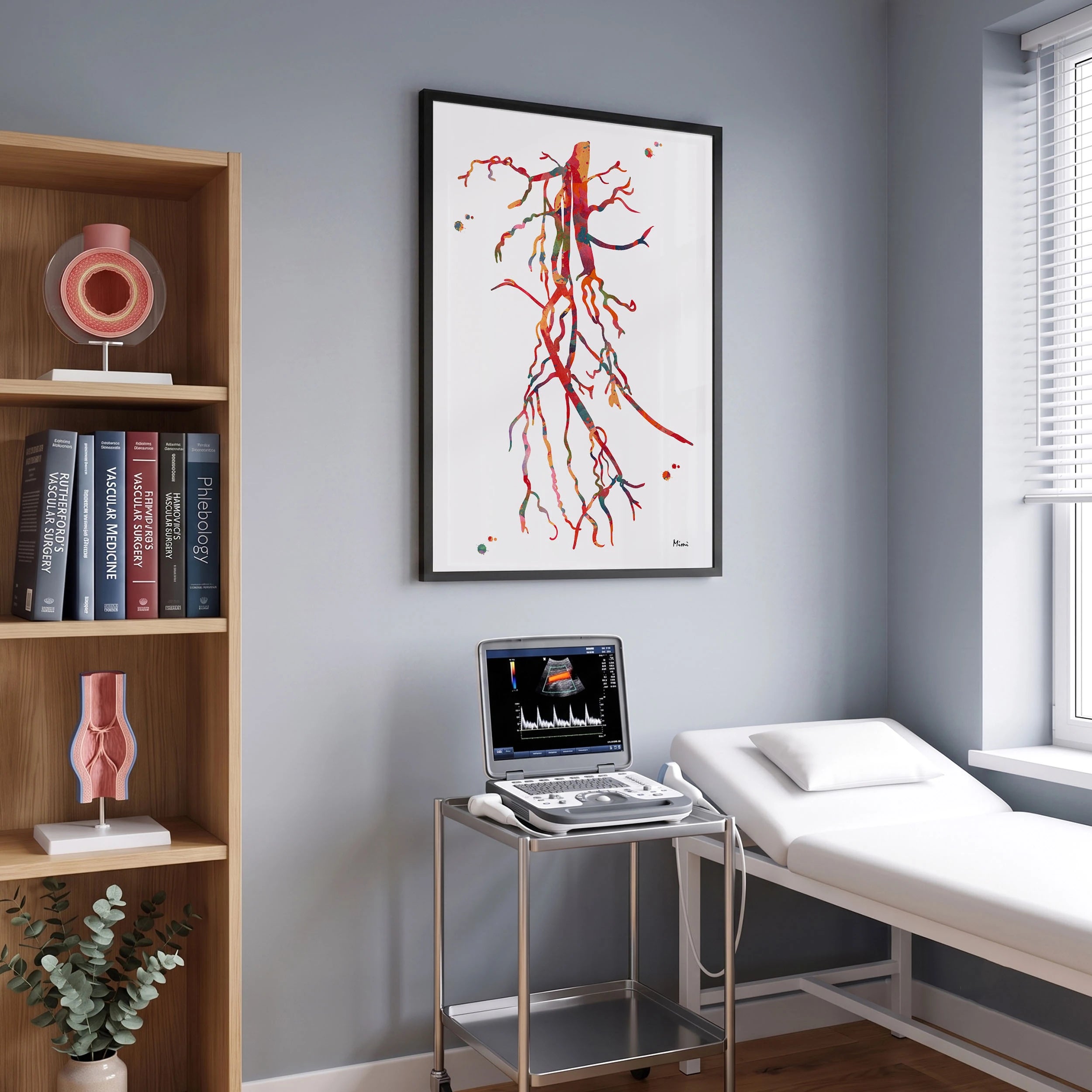 Framed superficial femoral artery (SFA) occlusion angiogram watercolor print in a vascular clinic
