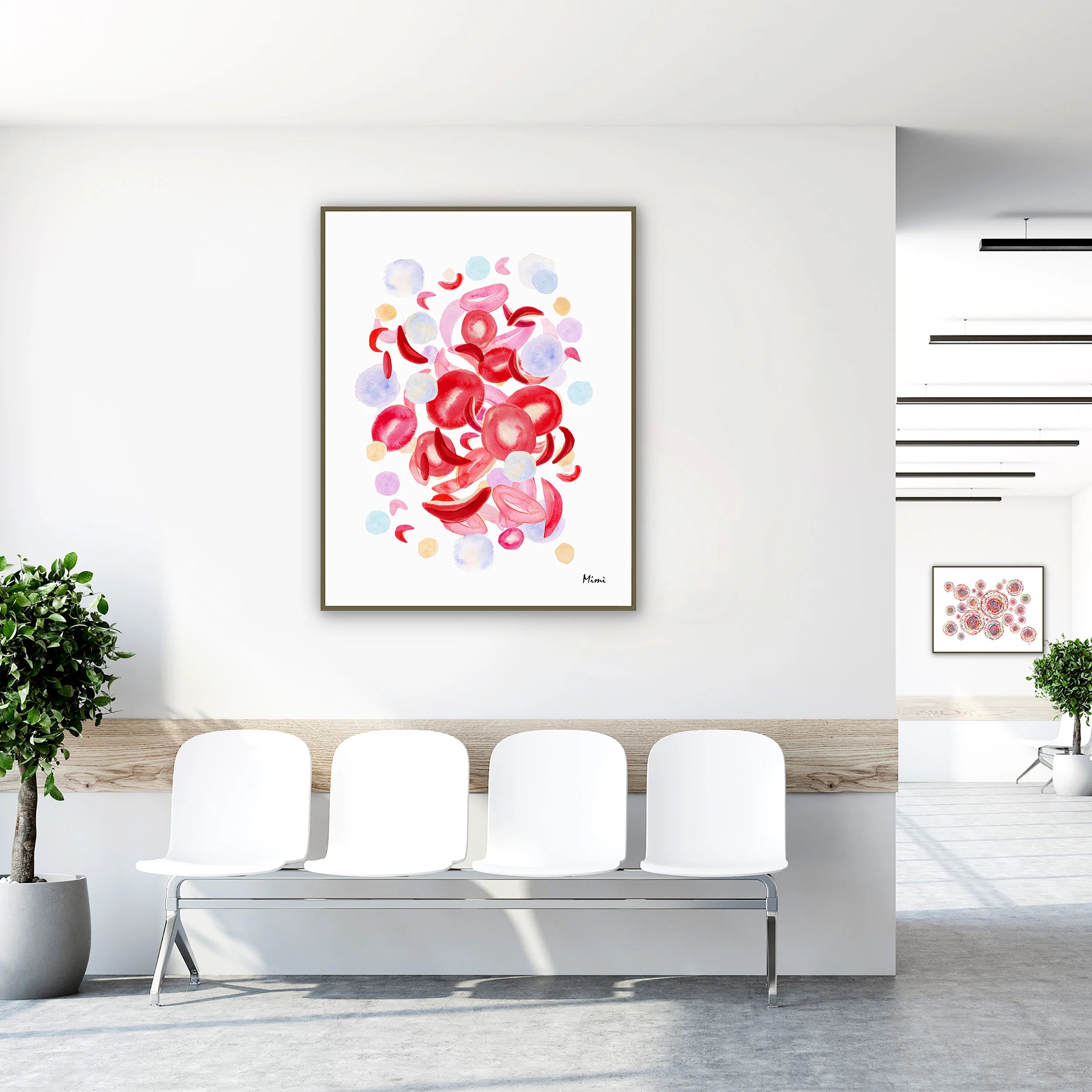 Framed sickle cell anemia watercolor print in a biology lab waiting room