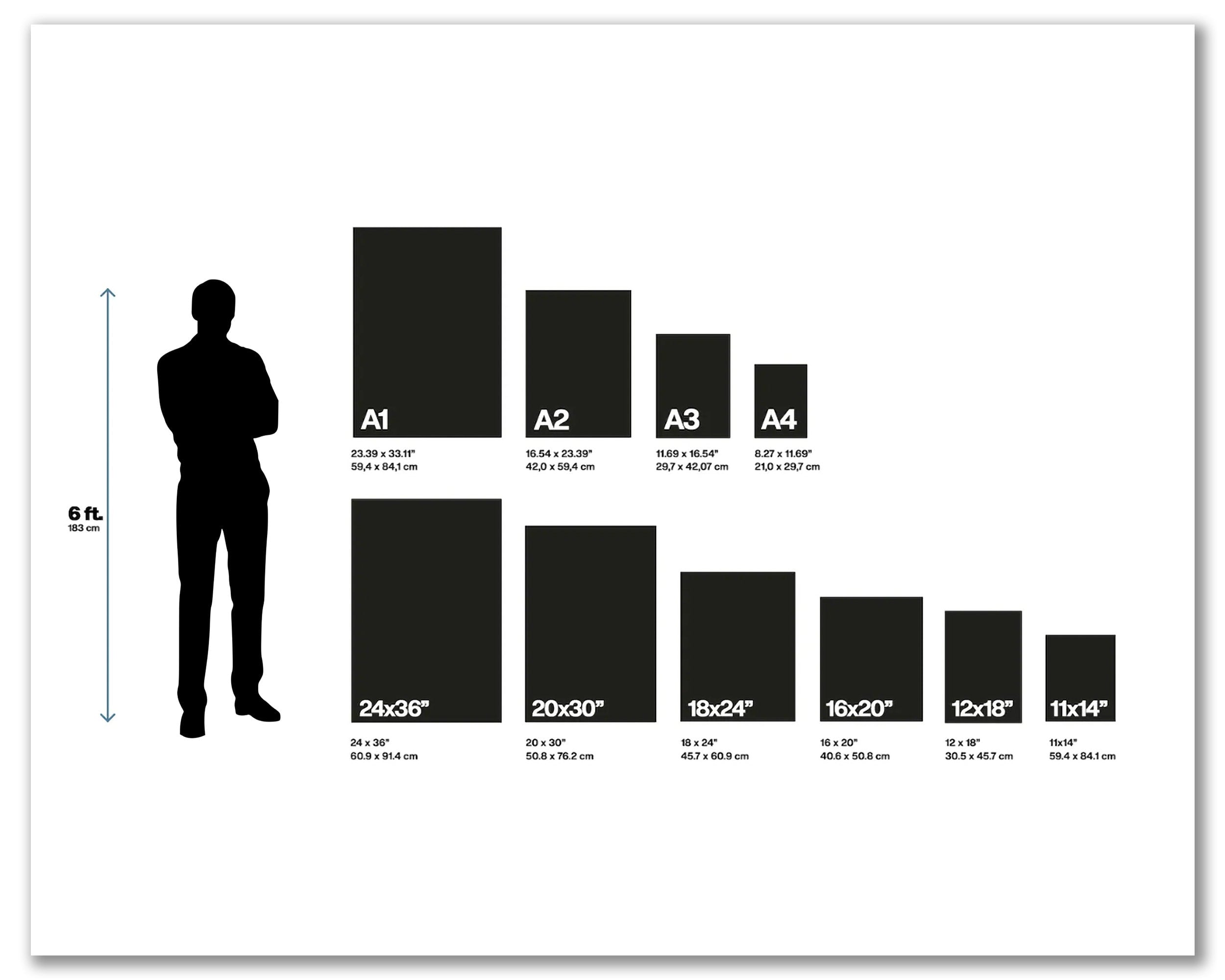 Chart showing the size comparison of various paper formats with a silhouette of a person for scale.