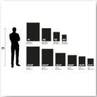 Chart showing the size comparison of different paper dimensions with a silhouette of a person for scale.
