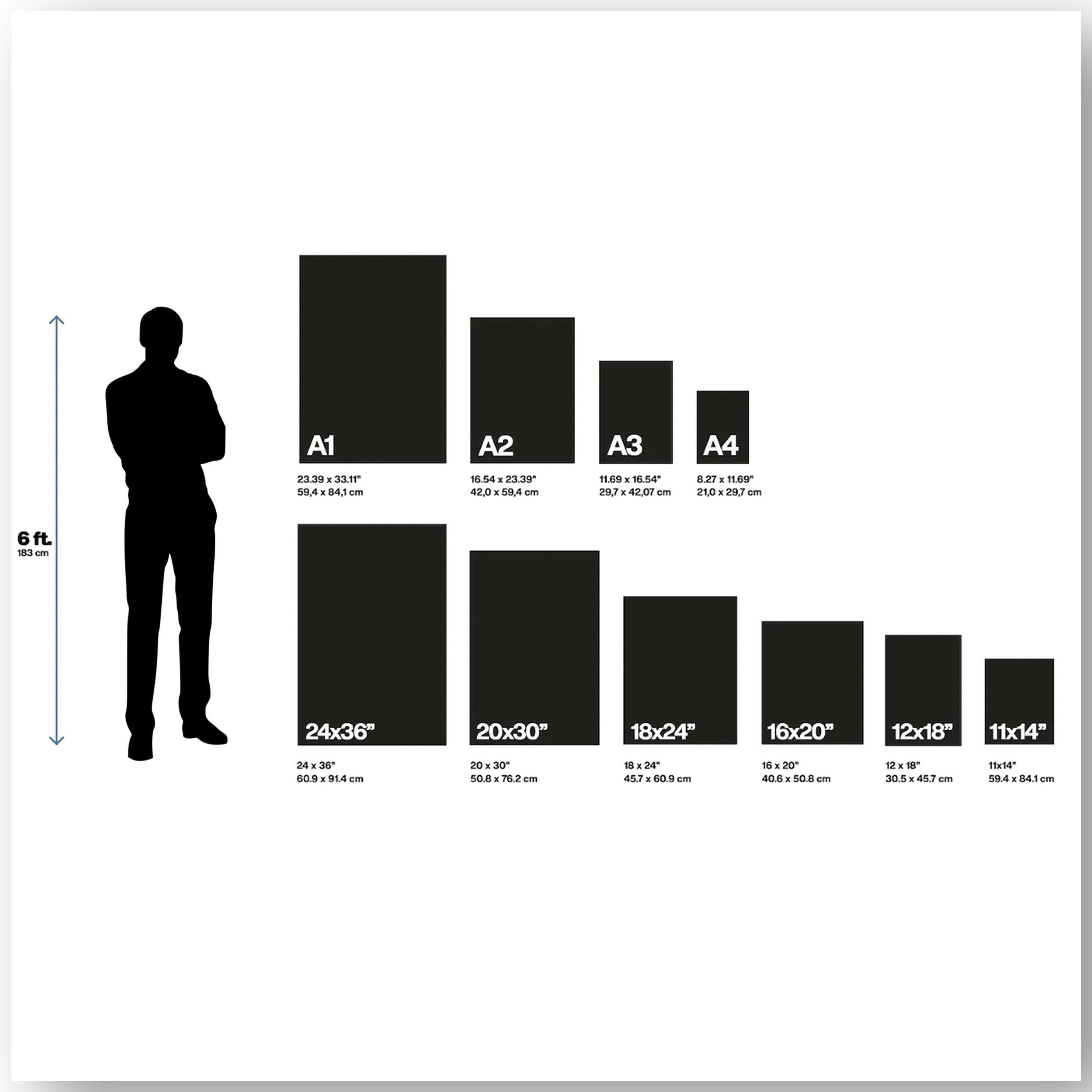 Chart showing the size comparison of different paper dimensions with a silhouette of a person for scale.