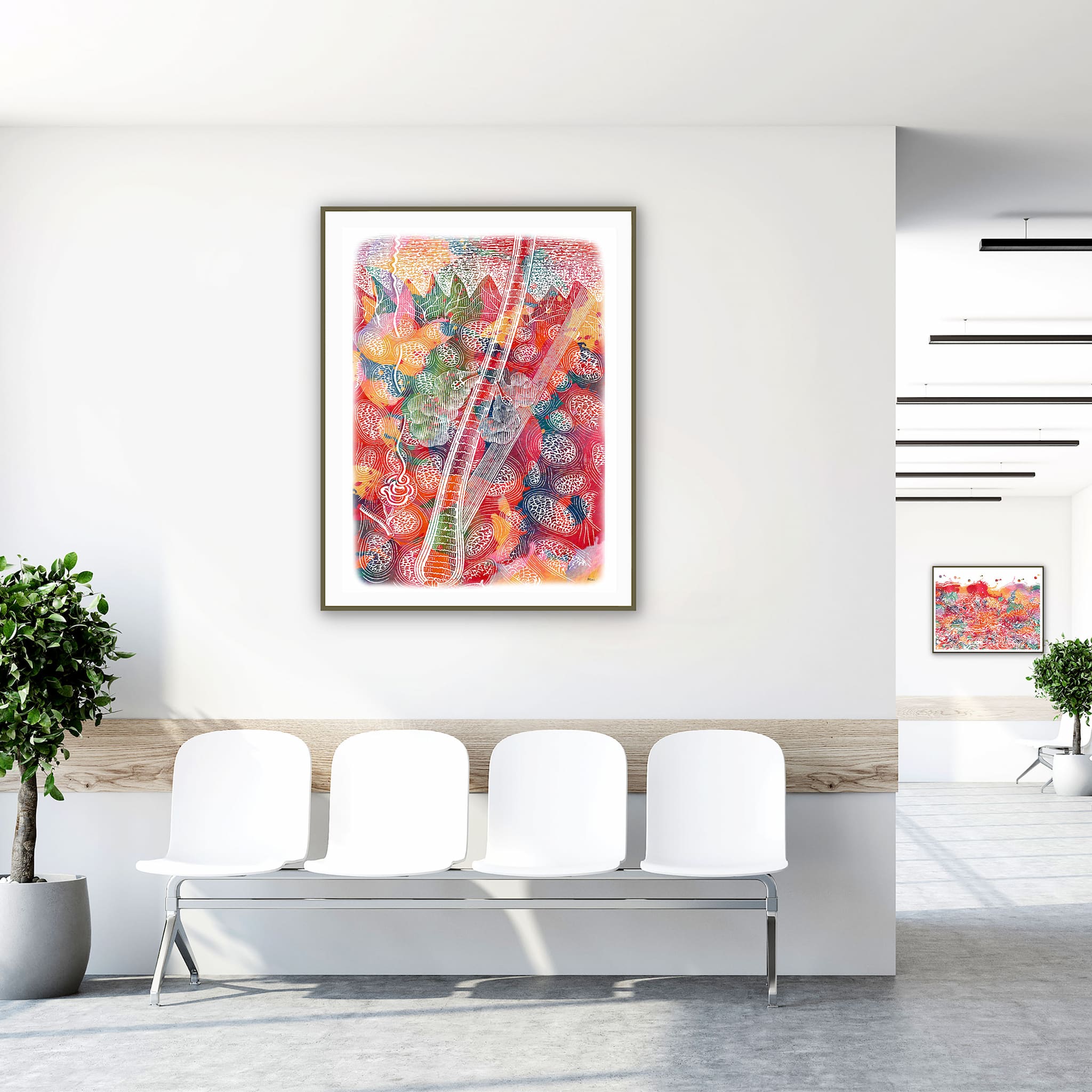 Framed skin anatomy watercolor print in a clinic waiting room
