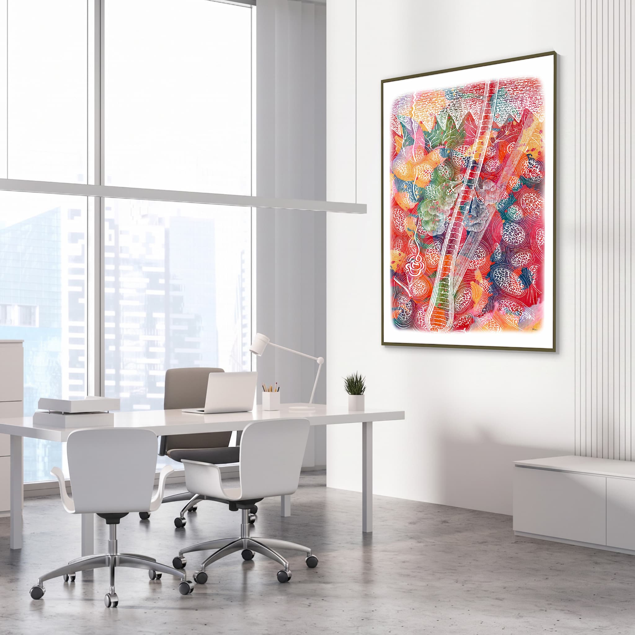 Framed skin anatomy watercolor print in a dermatology clinic
