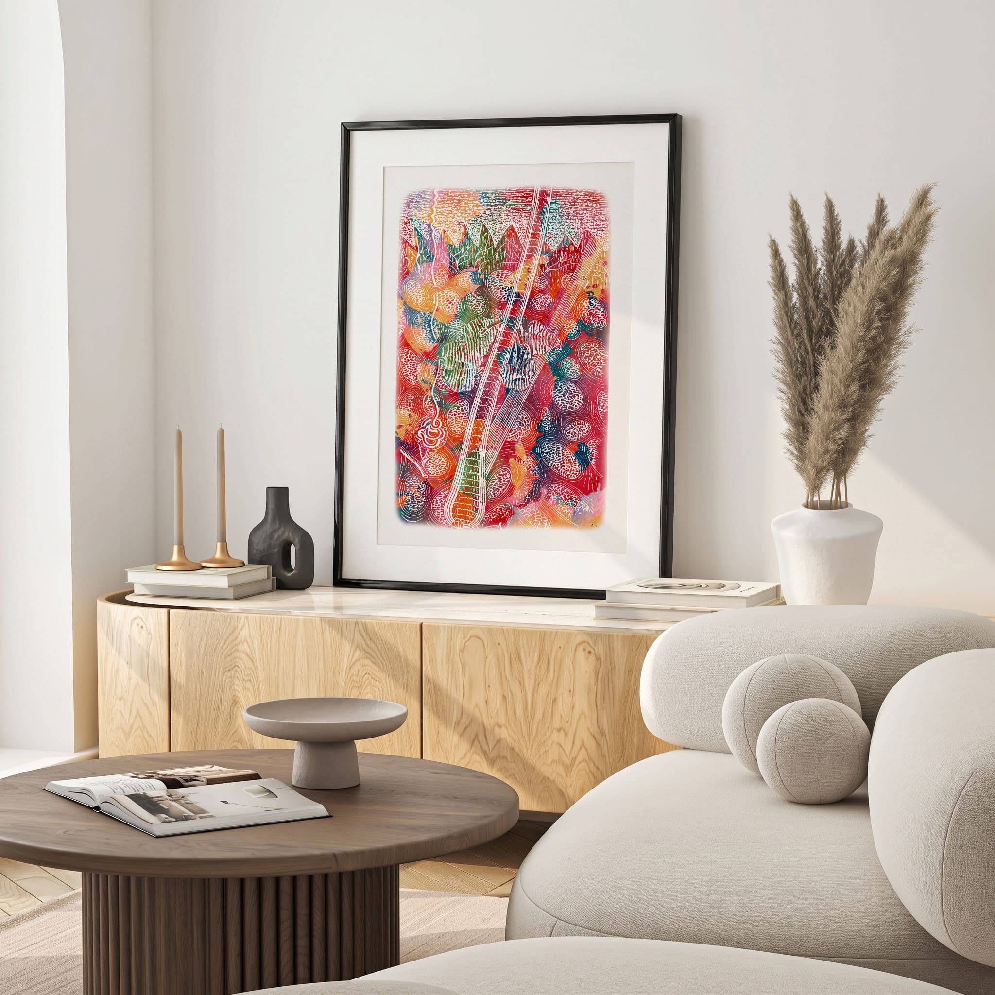 Framed skin anatomy watercolor print in a warm living room