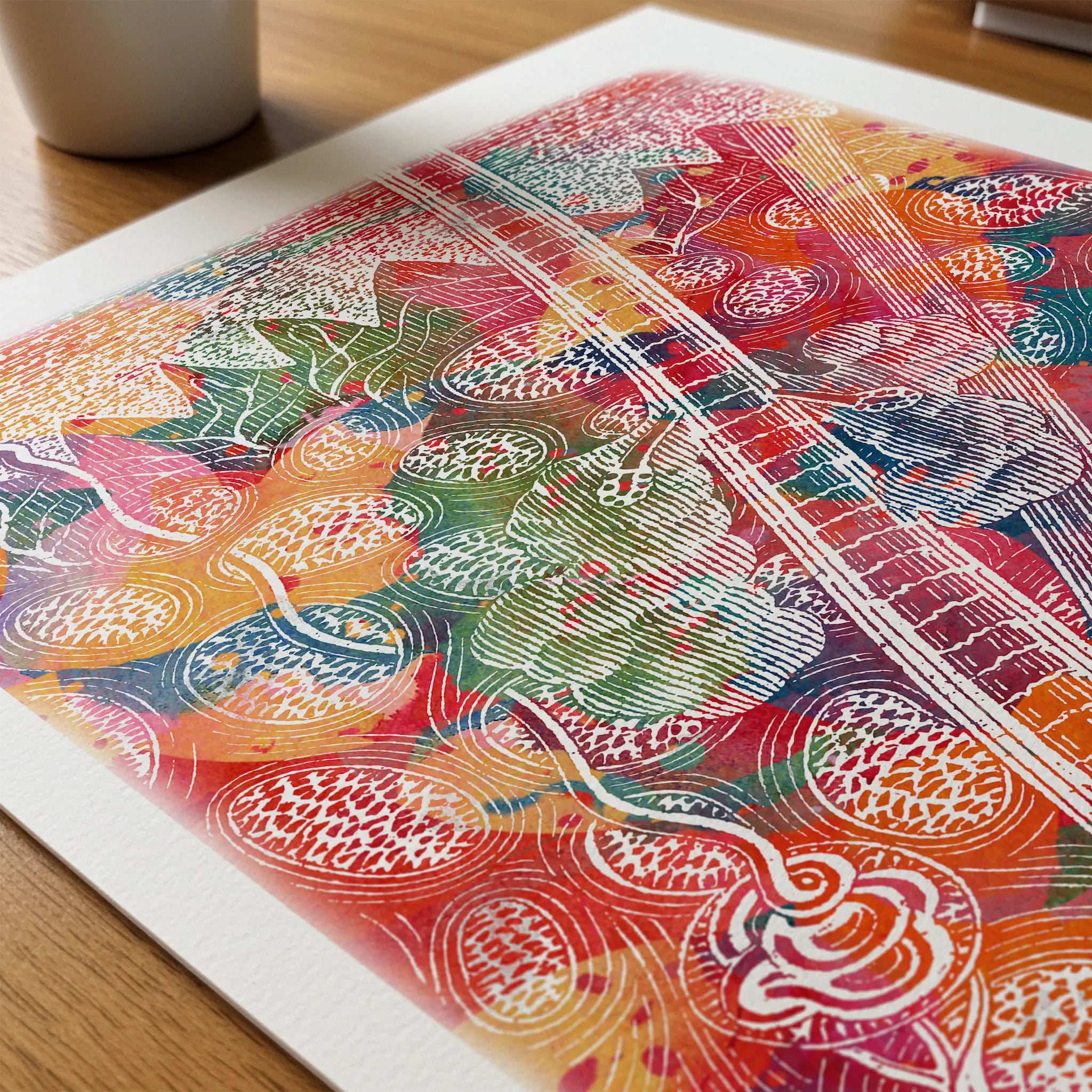 Close-up of skin anatomy watercolor print showing paper texture and grain
