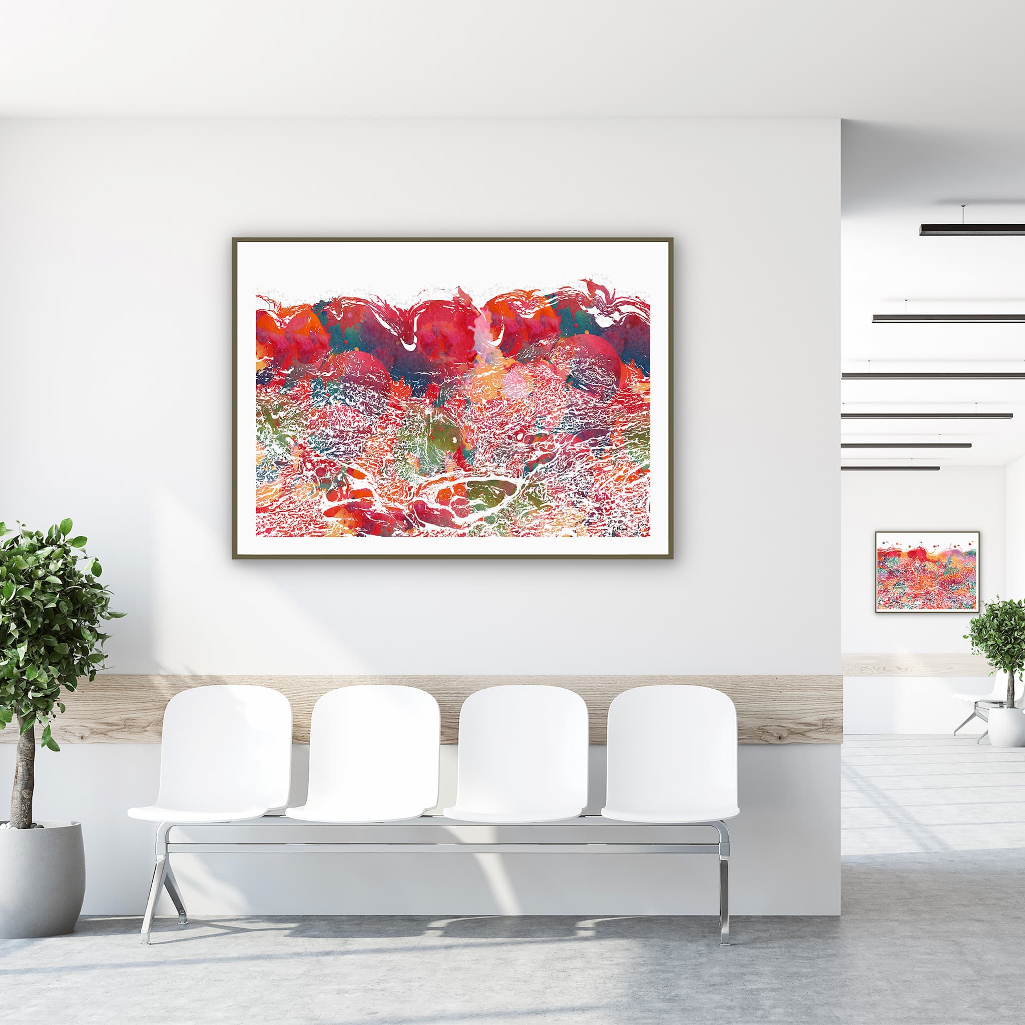 Framed skin histology watercolor print in a clinic waiting room